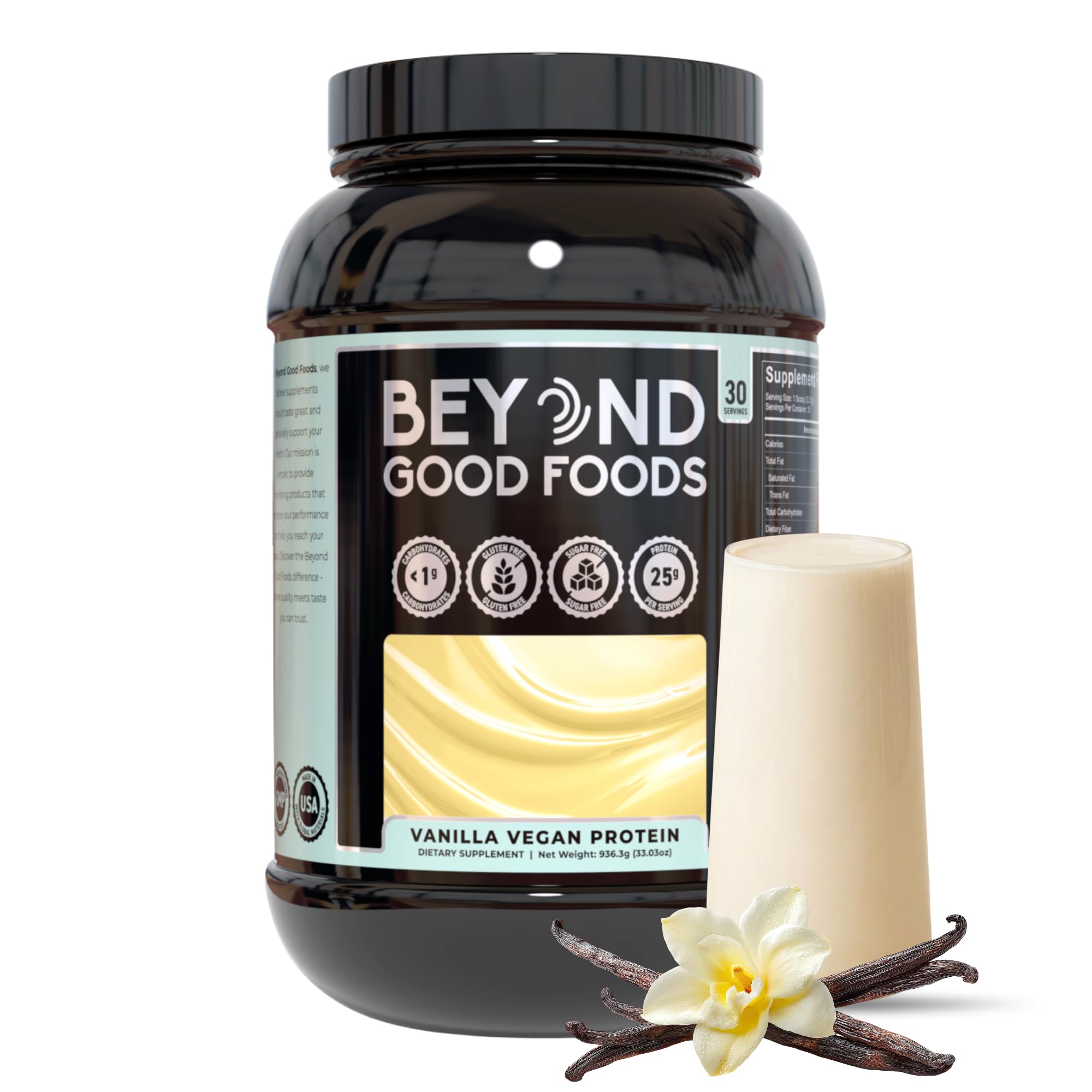 Beyond Good Foods Proteína vegetal em pó de ervilha e arroz integral 25 g por porção, baunilha, 908 g