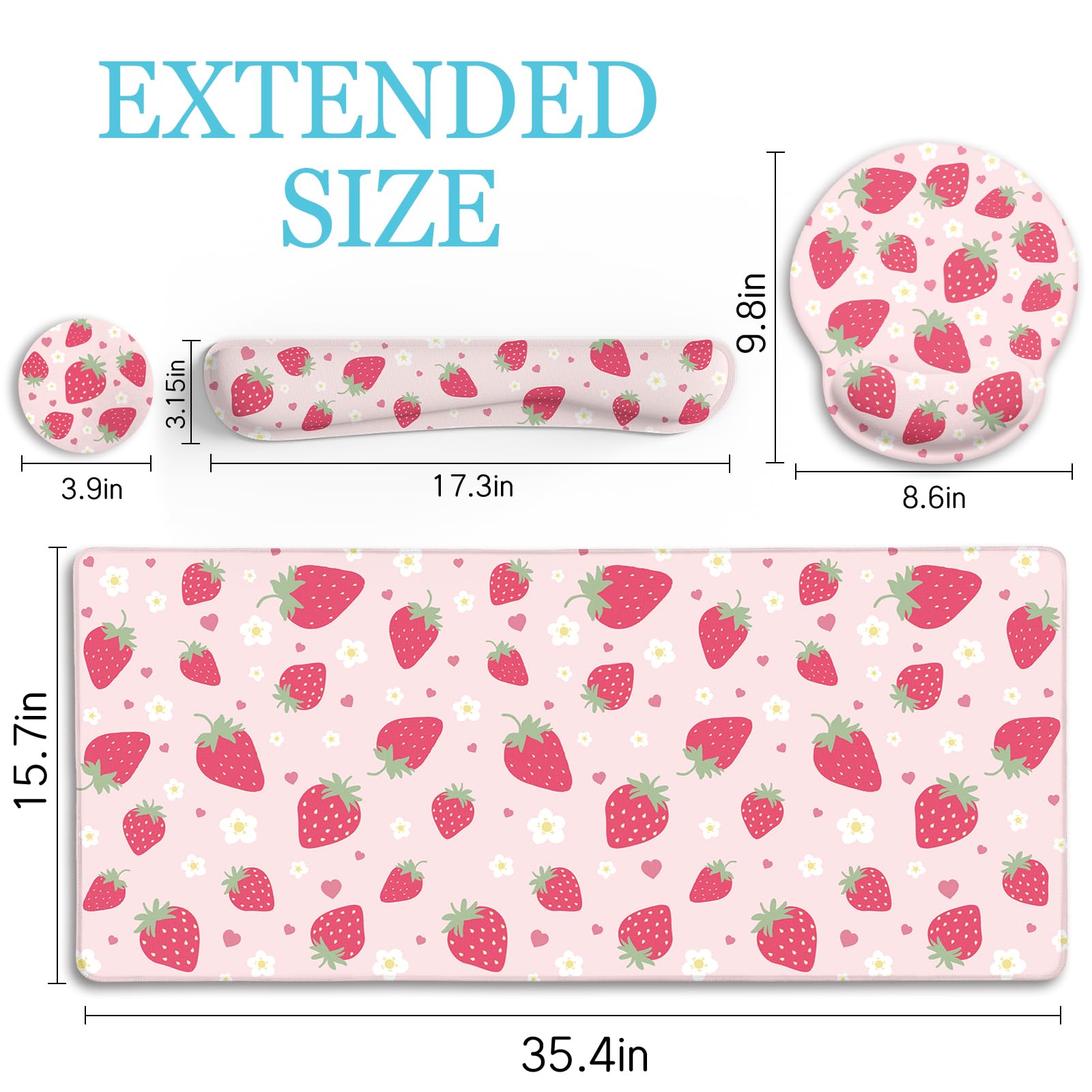 LIMKRIAN Erdbeer-Mauspad, Schreibtischmatten-Set, Rosa, ergonomisches Mauspad mit Handgelenkauflage, großes Gaming-Mauspad, Handgelenkstütze, Tastaturmatte, Tassen-Untersetzer-Set, niedliches