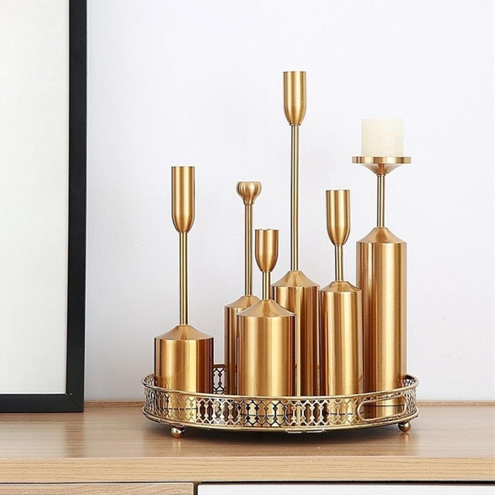 Portavelas Decorativos de Aluminio Dorado Juegos de Candelabros para Velas Cónicas Diseño Elegante Y Anticorrosivo Adecuado para Regalos, Juego de 6, Individual