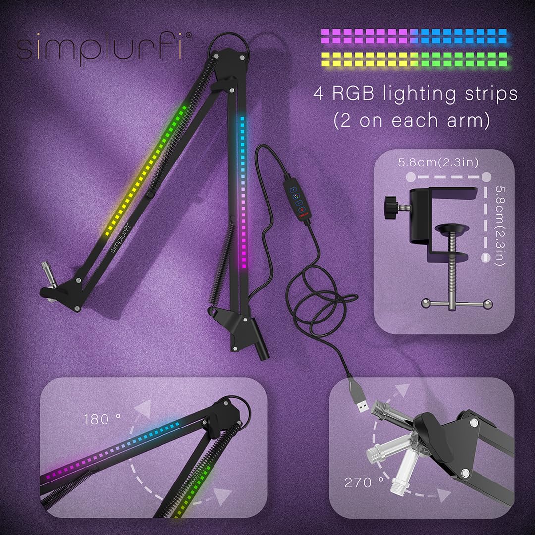 Braccio RGB Boom, supporto regolabile per microfono con morsetto da scrivania e clip per microfono, compatibile con HyperX Quadcast, Blue Yeti, Rode, Shure SM78 per streaming, giochi,