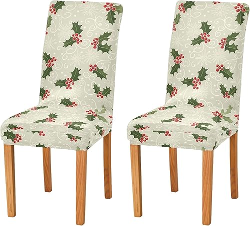 ALAZA Juego de 4 fundas para sillas de comedor, diseño de bayas de acebo navideñas, de elastano, elásticas, extraíbles y cortas, fundas protectoras