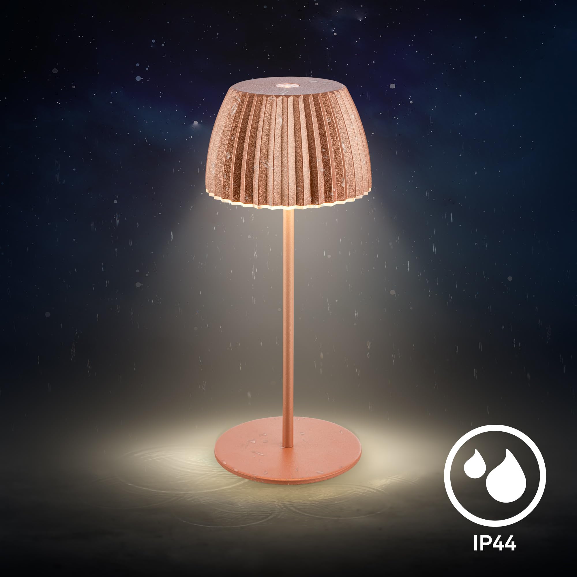 BRILONER Riffle Mini bezprzewodowa lampa stołowa LED IP44 z jasną krawędzią, 8,5 x 20 cm, ściemniacz dotykowy, wymienna bateria, lampka nocna, German Design Award Winner 2025, kolor miedziany