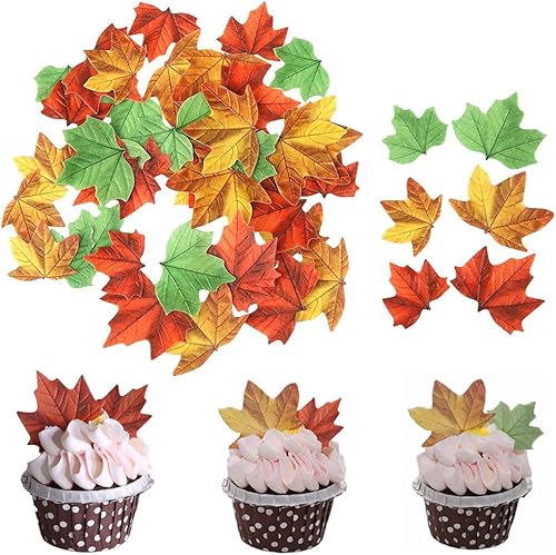 Miniatura 6 de GEORLD Juego de 36 hojas de otoño comestibles para tartas de hojas doradas, decoración de cupcakes de fiesta