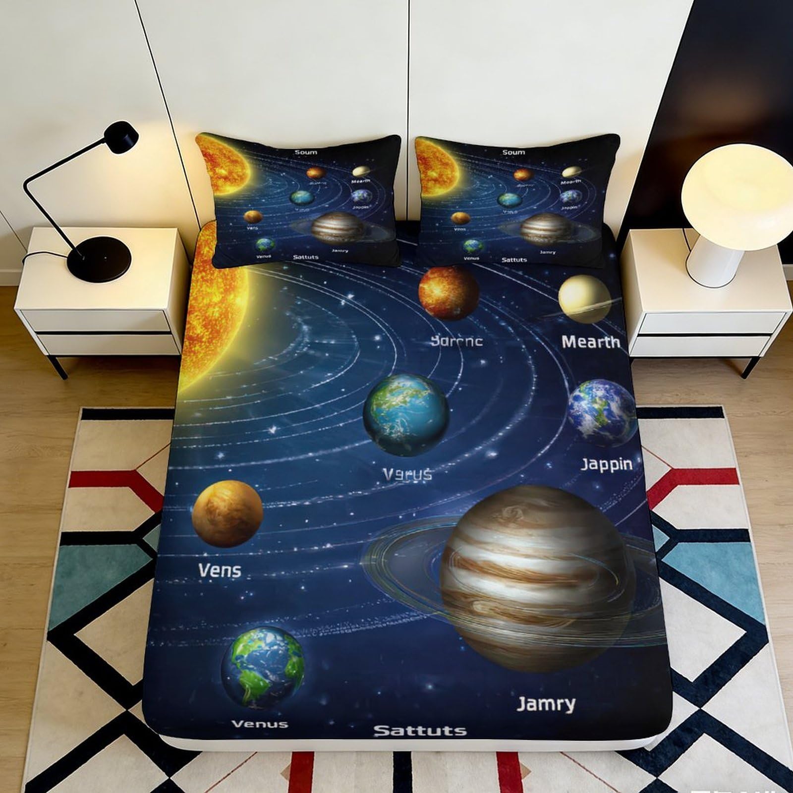 Uxinyoume Style-8 3D Printed Solar System Fitted Sheet Microfiber Soft Planets Mattress Cover Bedroom Dorm Decorative Bedding 90X200x25cm