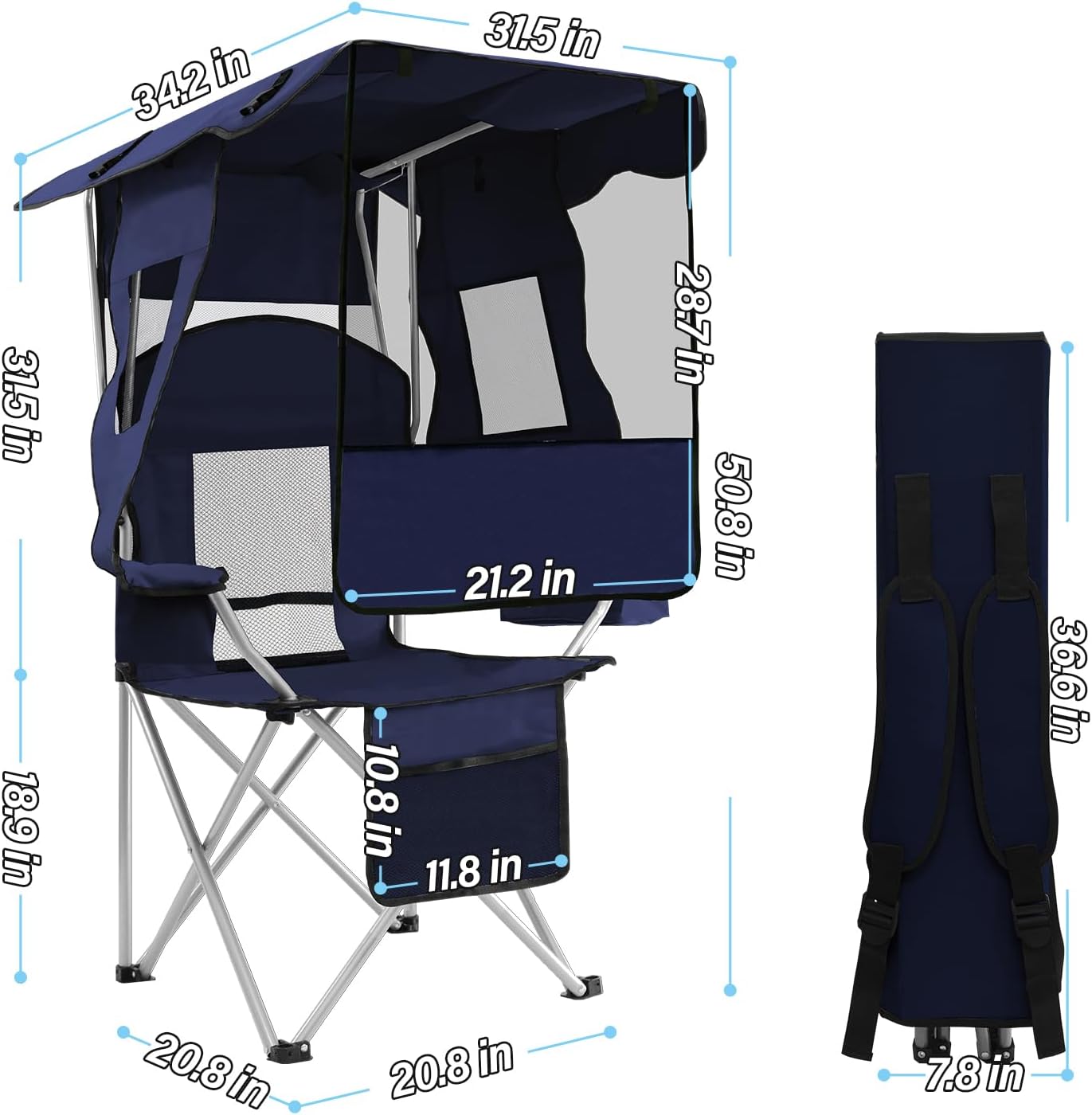 ptlsy Folding Camping Chair with Canopy, Beach Chair with Canopy Shade with Cup Holders, Cooler Bag for Camping, Fishing, Beach, Sports and Concert (Navy)