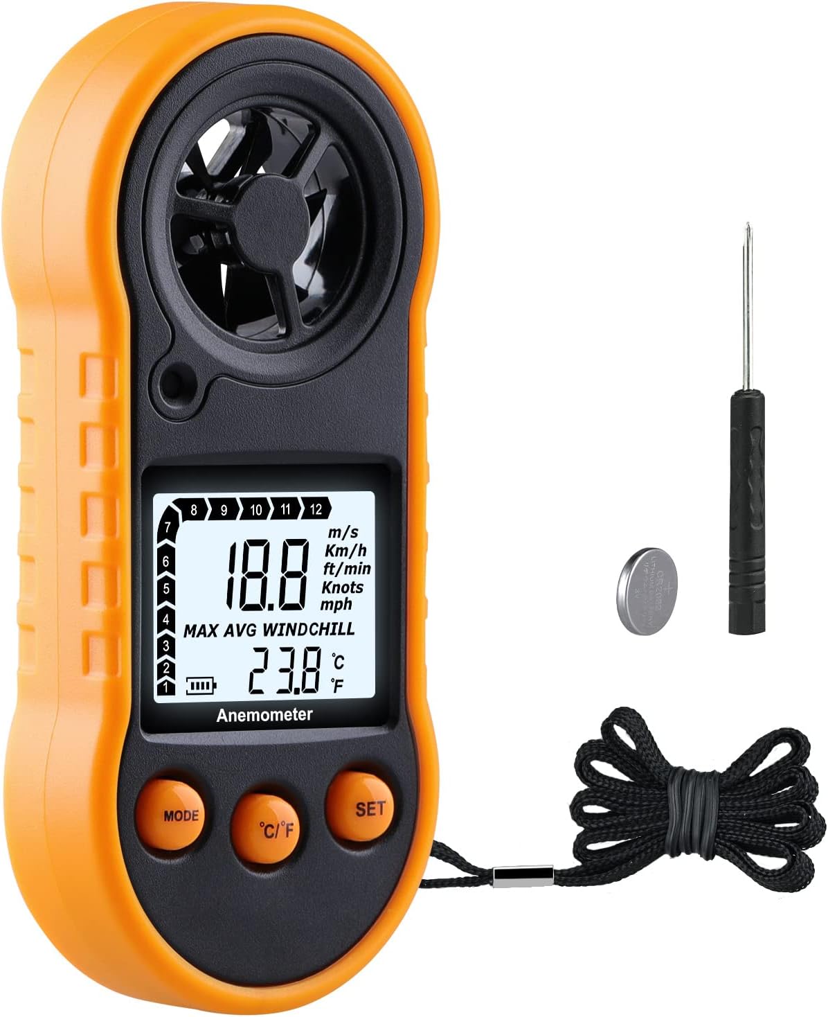 LEERCHUNAGDigital Anemometer, Air Flow Meter with Backlight LCD, Wind Gauge Air Flow Velocity Measurement with Thermometer, Wind Measuring Tool for Sailing/Surfing/Fishing - Yellow