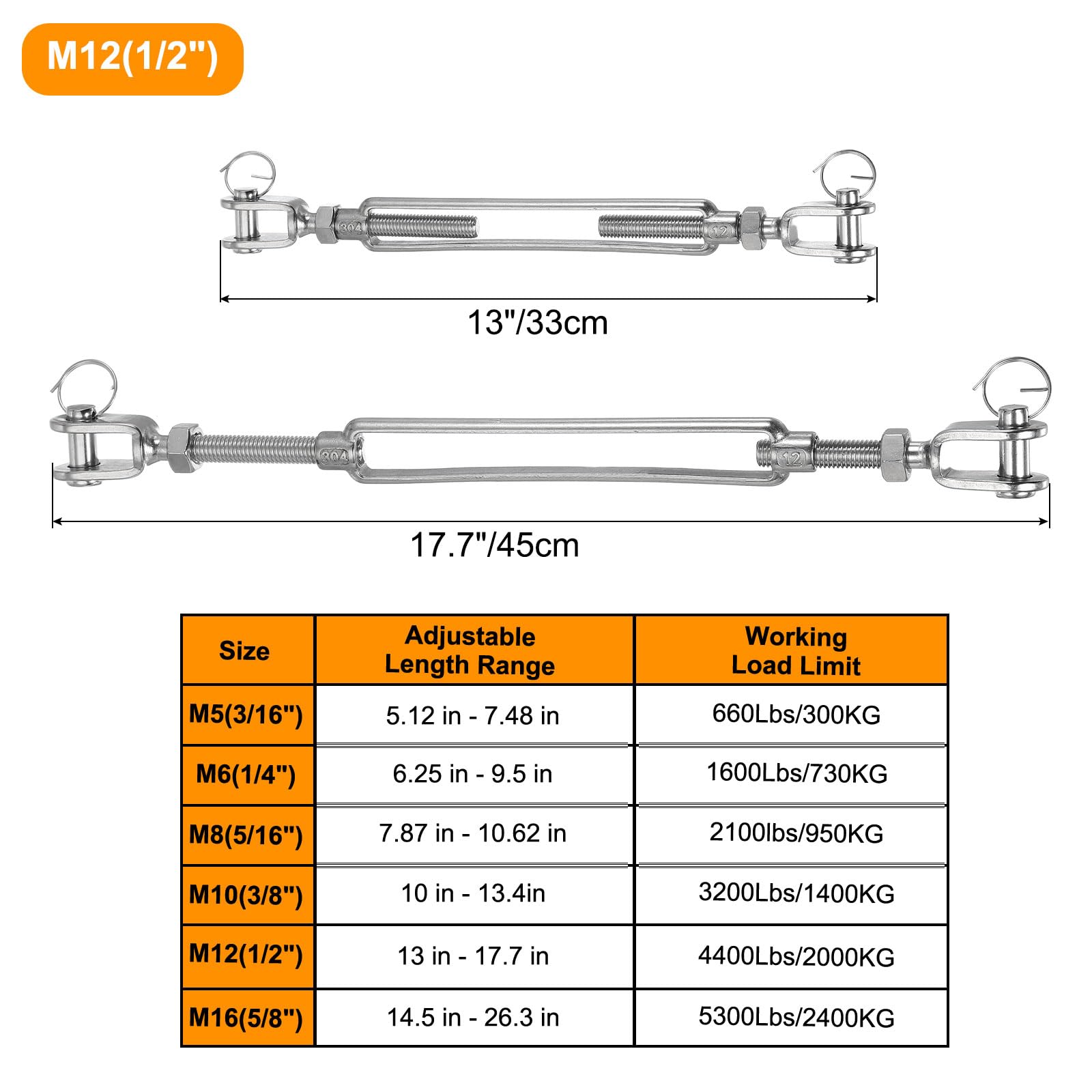 sourcing map 4 tensores M12 (1/2 pulgada) de mandíbula y mandíbula tensores de cuerda de alambre, tensor de cable ajustable de acero inoxidable 304 para vela de sombra, tendedero, límite de carga de