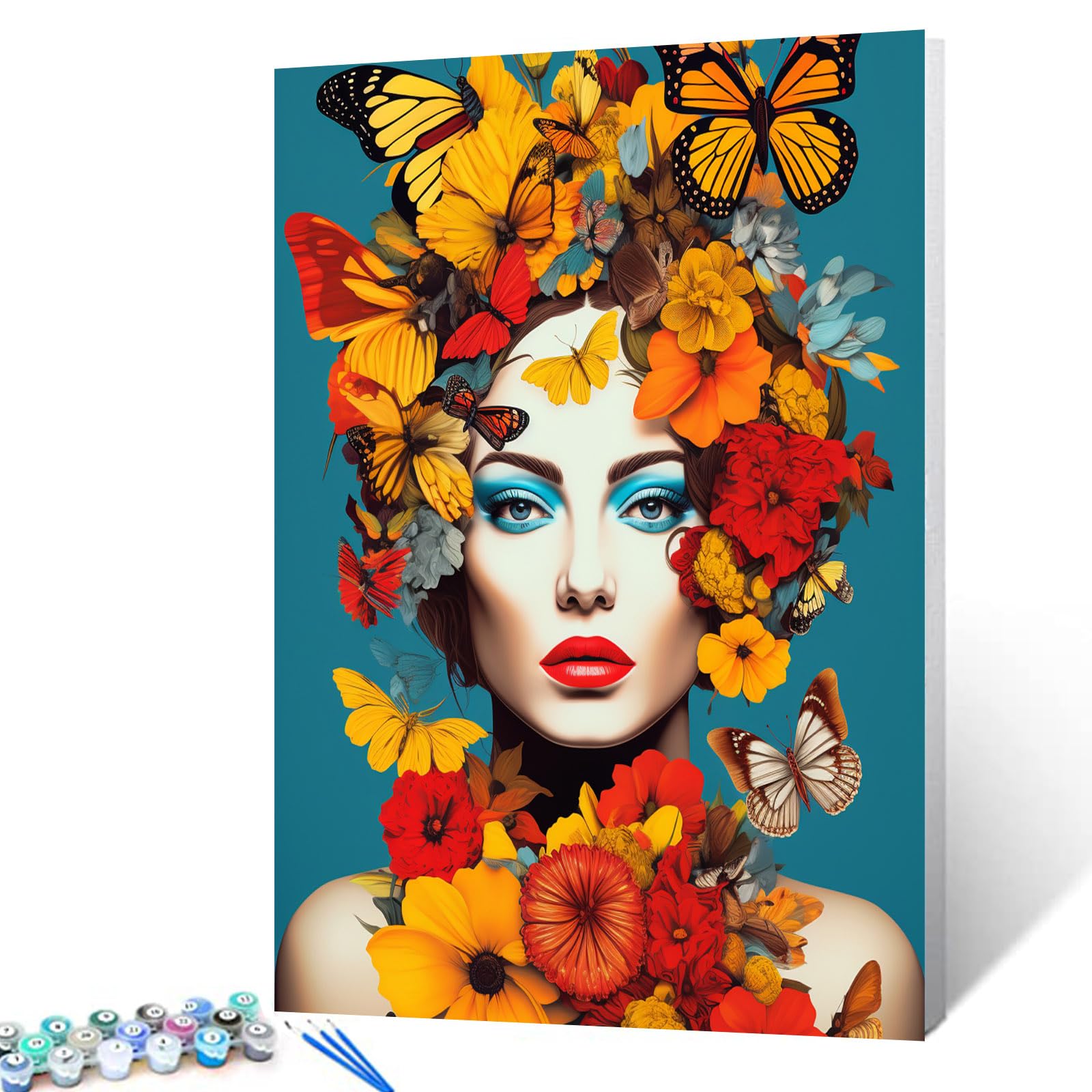 A Woman Surrounded by Colorful Flowers and Butterflies Digital Painting Paint by Numbers Kit for Adults Pop Art Acrylic Oil Painting Set Painting for Beginners Wall Decor Gift 16X20 in (DIY Frame)
