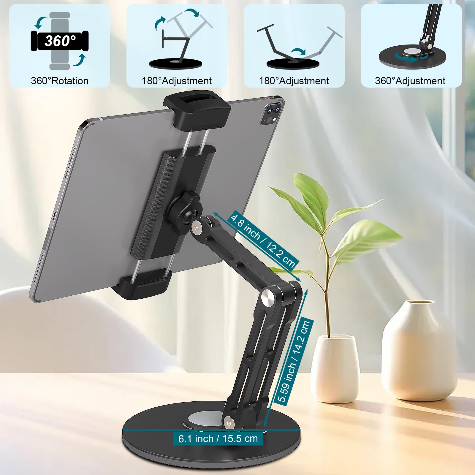 Supporto da scrivania per iPad, supporto per tablet con rotazione a 360°, base in metallo, morsetto per iPad, compatibile con iPad Pro, Surface Pro, monitor portatile, iPhone, adattatore a vite per