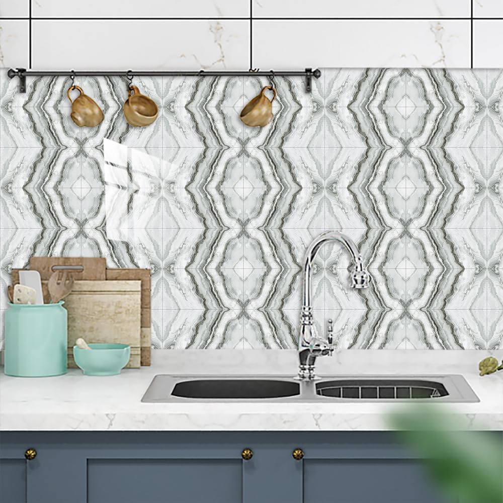 Pegatinas para Azulejos con diseño geométrico Gris, Autoadhesivas, para Colocar sobre Azulejos, Suelos de baño, cocinas y Paredes. Duraderas, Impermeables y Resistentes al Aceite,
