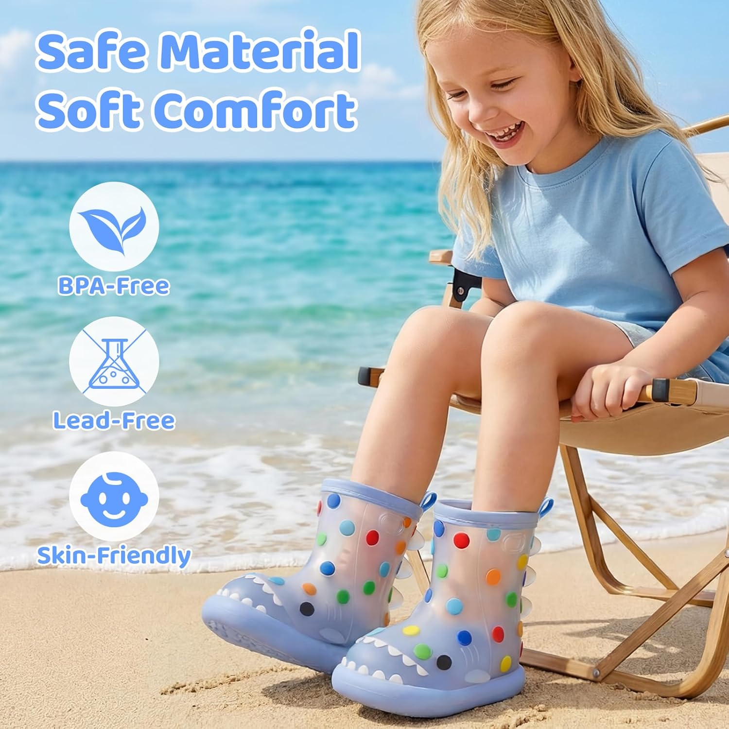 Toddler Rain Boots, Waterproof Non-Slip Thick Sole Kids Rubber Boots, Shark Pattern & Polka Dot Design with Easy-On Handles for Boys & Girls - Image 6