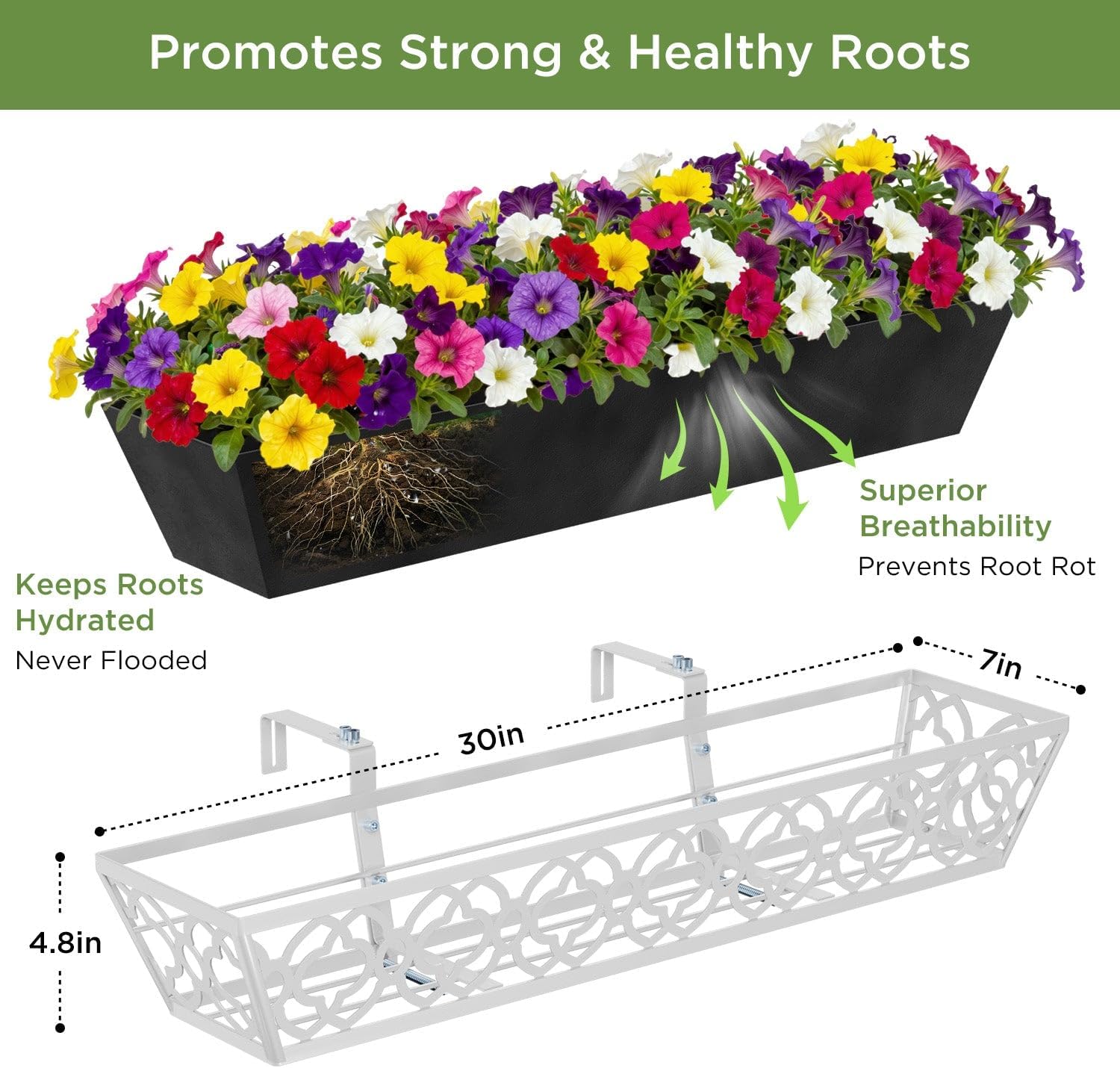 HFHOME 2 Pack 30 Inch Window Boxes Planter Box with Adjustable Brackets & Non-Woven Fabric Liner Plant Grow Bags Deck Planters Railing Hanging Flower Box for Outdoor
