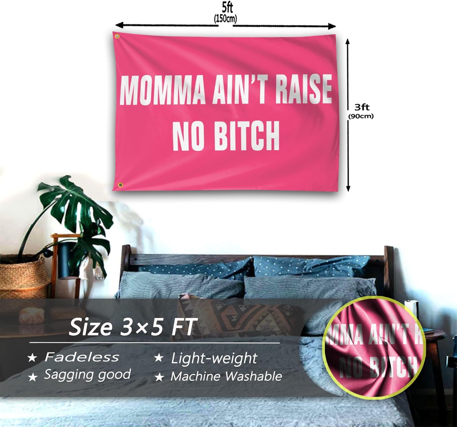 Momma Aint Raise No Bitch Flag 3x5 Ft Funny Pink Man Cave Wall Flag for Room Teen Girls Indoor Bedroom and College Dorm Wall Decor Banner Tapestry Gifts - Image 5