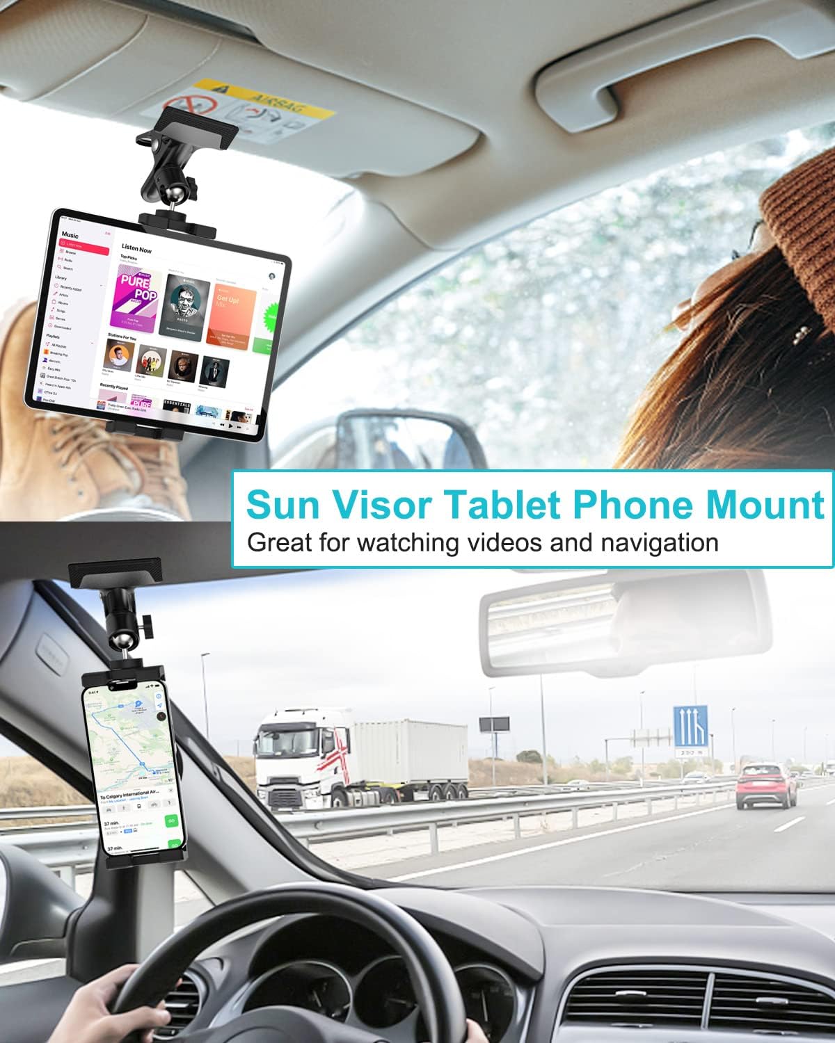 Sun Visor Tablet Holder for Car, Metal Clip Truck Visor Tablet Mount, 360° Rotating Visor Phone Clamp Mount with 1/4" Screw, for iPad Pro Air Mini, Galaxy Tab, iPhone, Camera, 4-11" Tablets
