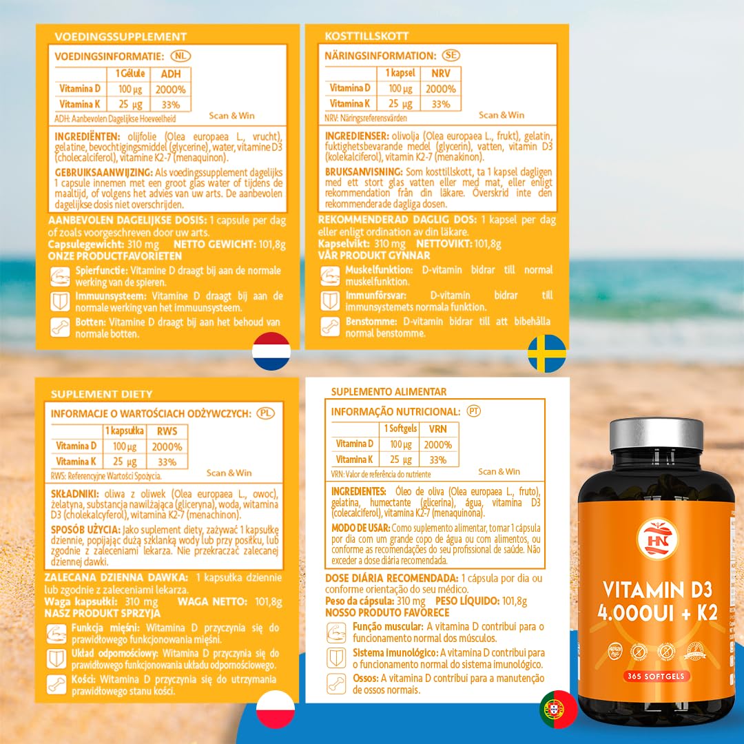 Vitamina D - 365 Cápsulas de vitamina D3 K2 – Vitamina D (4000 UI) altamente concentrada. Favorece la función inmunológica y ósea - 365 cápsulas