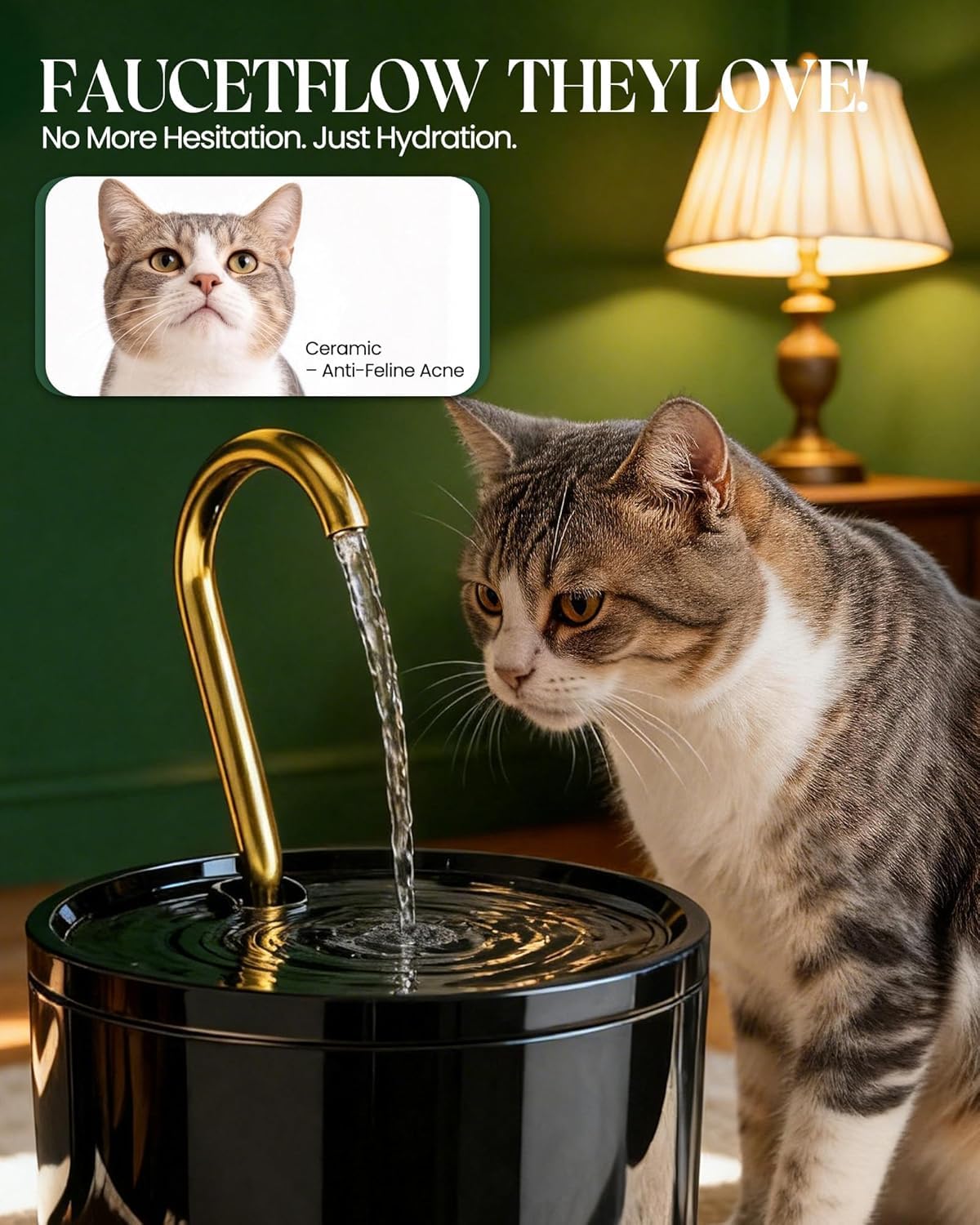 Kittyspout Ceramiczna fontanna dla kotów, 1,2 l, z 2 filtrami, czarna | Z 3 stopniami wody i miedzianą rurką, cicha fontanna do picia dla kotów i małych psów