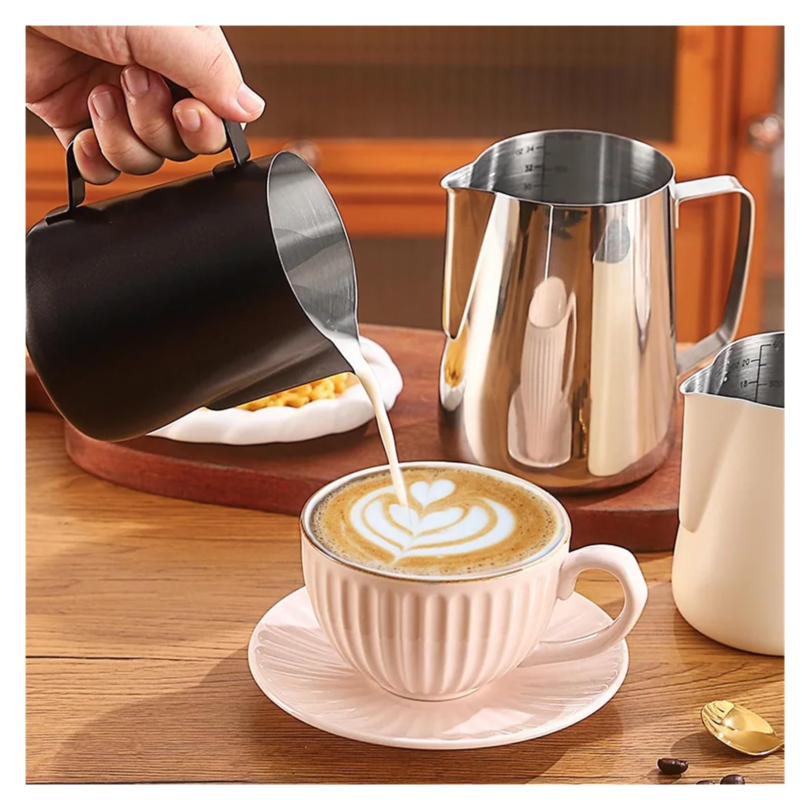 Jarra de espuma leche acero inoxidable 600ML 304, jarra con escala, vapor, Latte Art, cocina, Espresso, herramienta Barista, accesorios cafetería(600ML silver)