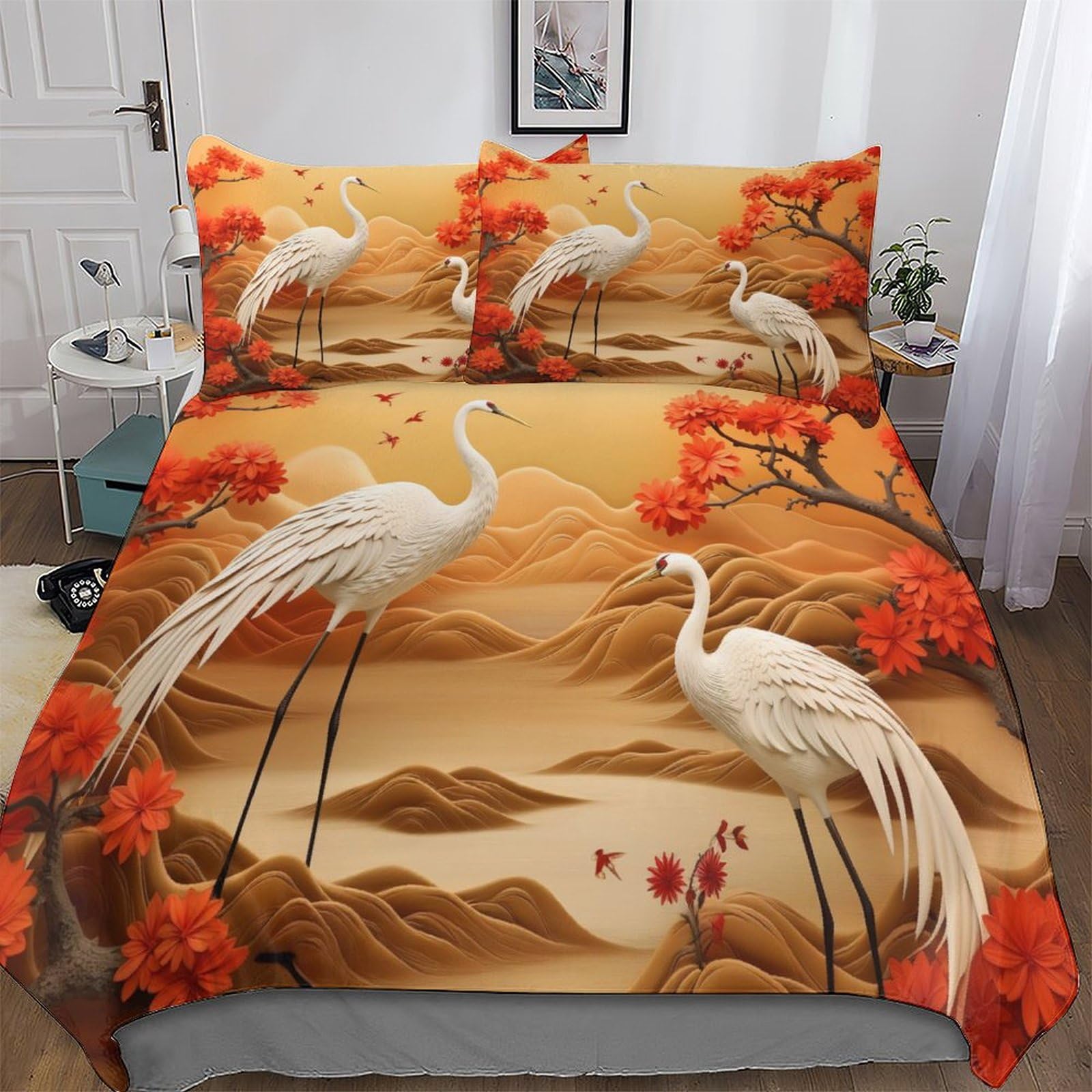 Housse de couette grue blanche pour chambre d'adulte ou d'enfant parure de lit 220x240cm