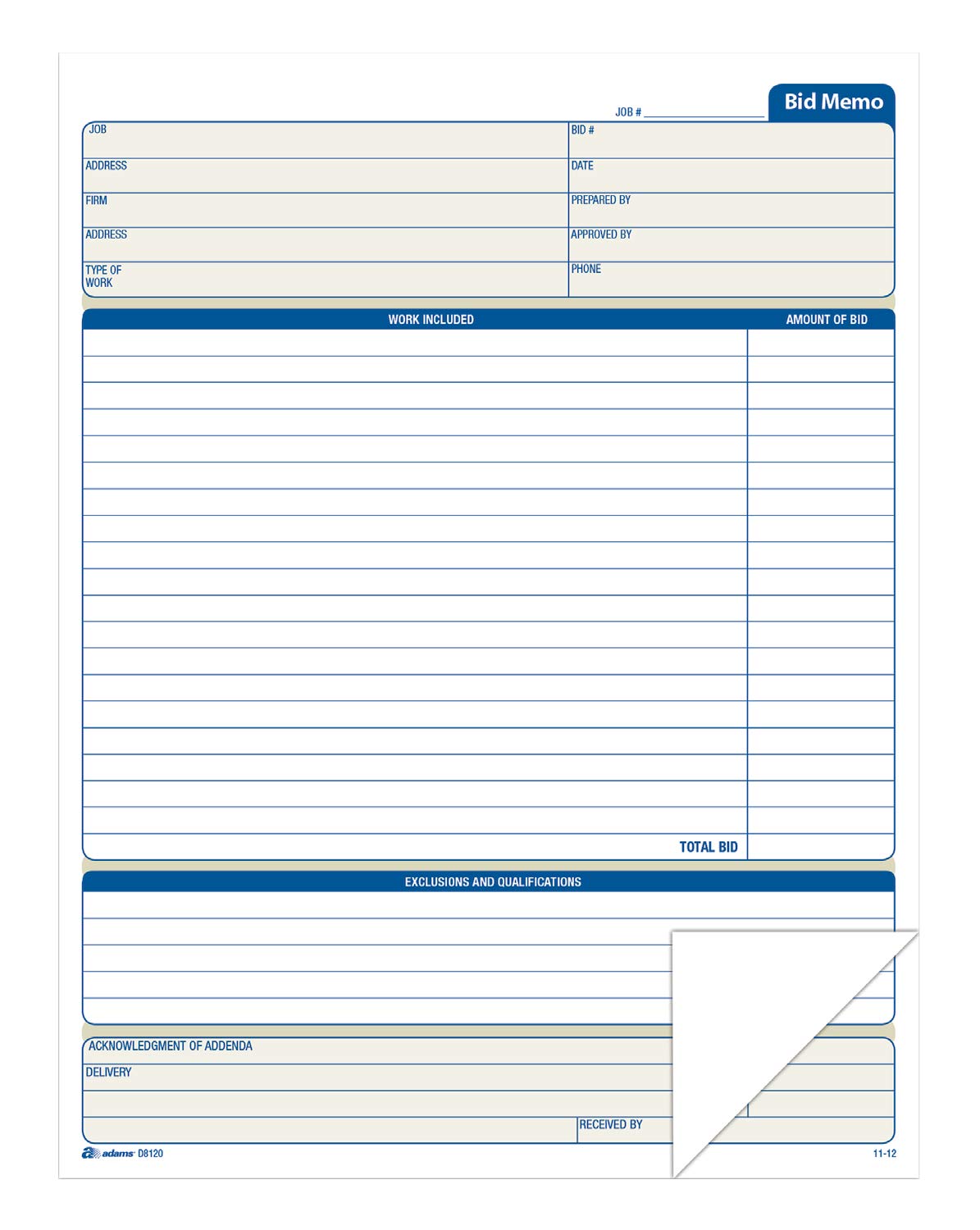 Adams Bid Memos, 8.38 x 11.44 Inches, White, 50 Sheets (D8120)