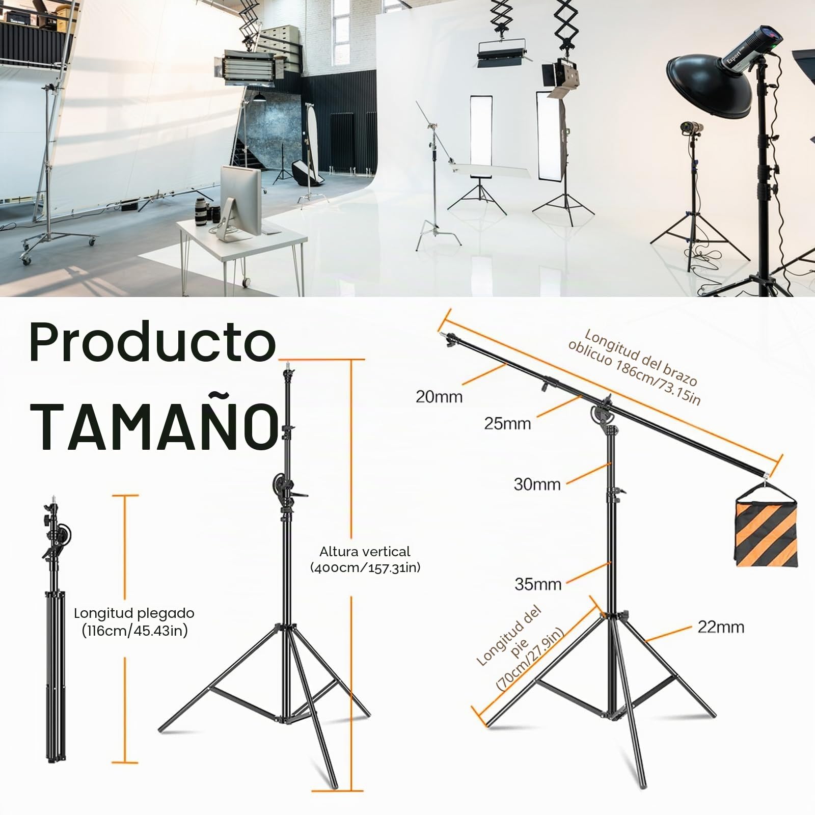 Fotografía Soporte de Luz 400cm, Soporte de Brazo Soporte de Lámpara con 186cm Brazo de Sujeción y Bolsa de Arena Resistente Trípode Fotográfico Luz y Tornillo de 1/4" para Monolight Softbox