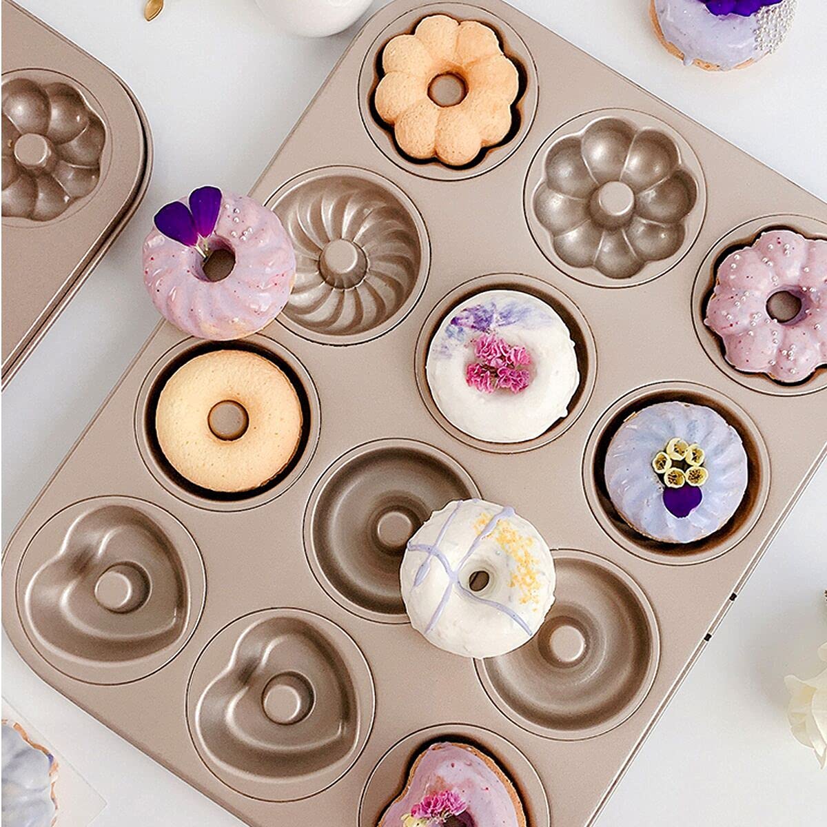 JSJMOFA 2-Pack Donut Baking Pans - 12-Cavity Nonstick Carbon Steel Doughnut Trays For Mini Bagels, Cakes & Muffins