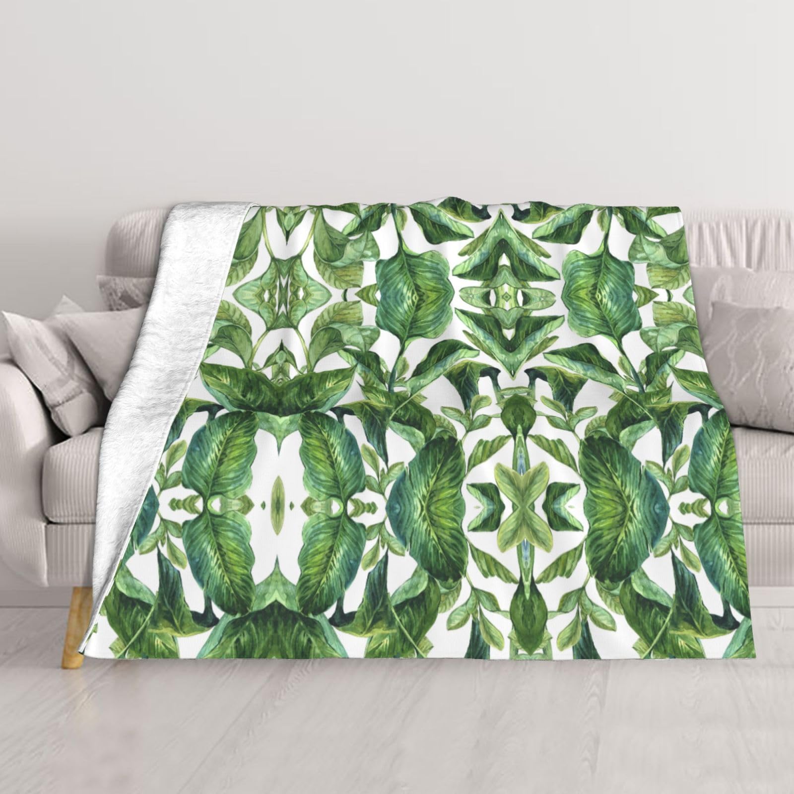 Couverture en flanelle motif feuilles vertes lit et canapé 152x127 cm