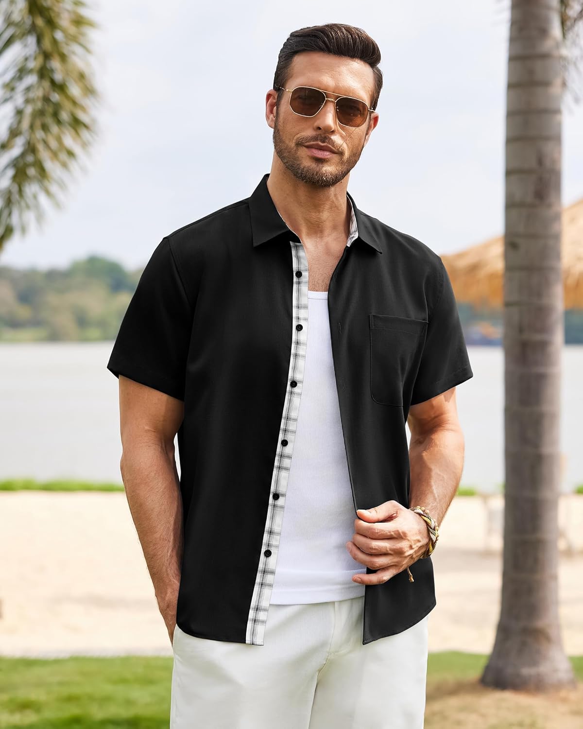 DEMEANOR Mens Linen Shirts Short Sleeve Wrinkle Free Untucked Shirt Casual Summer Beach Wedding Button Down Top with Pocket - Image 5