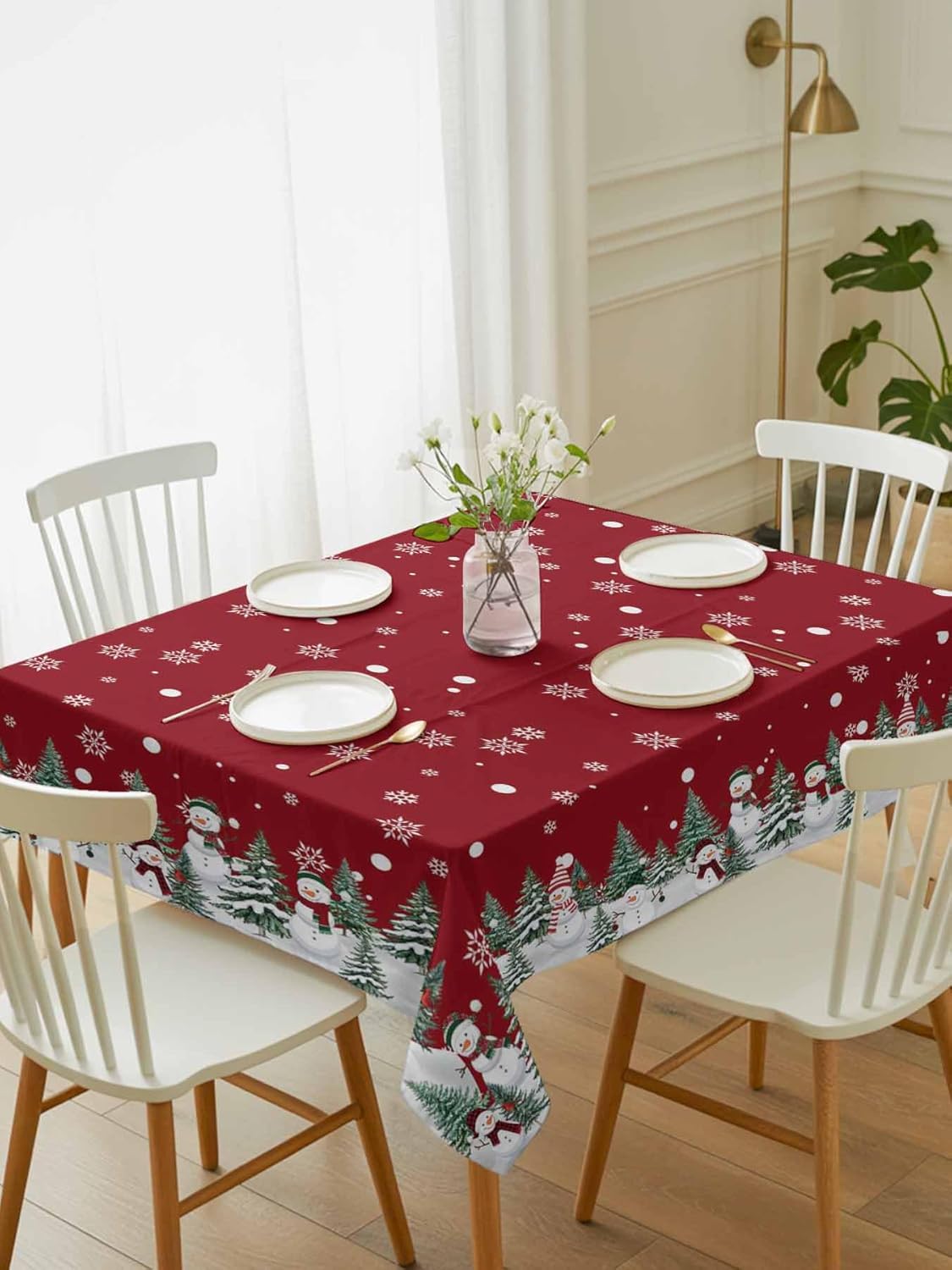Christmas Rectangle Tablecloth Waterproof & Stainproof Tablecloths, Red Snowflake Winter Snowman Xmas Tree Plaid Wipeable Table Cloth Wrinkle-Free for Dining/Party/Wedding Holiday Decorations, 60x84