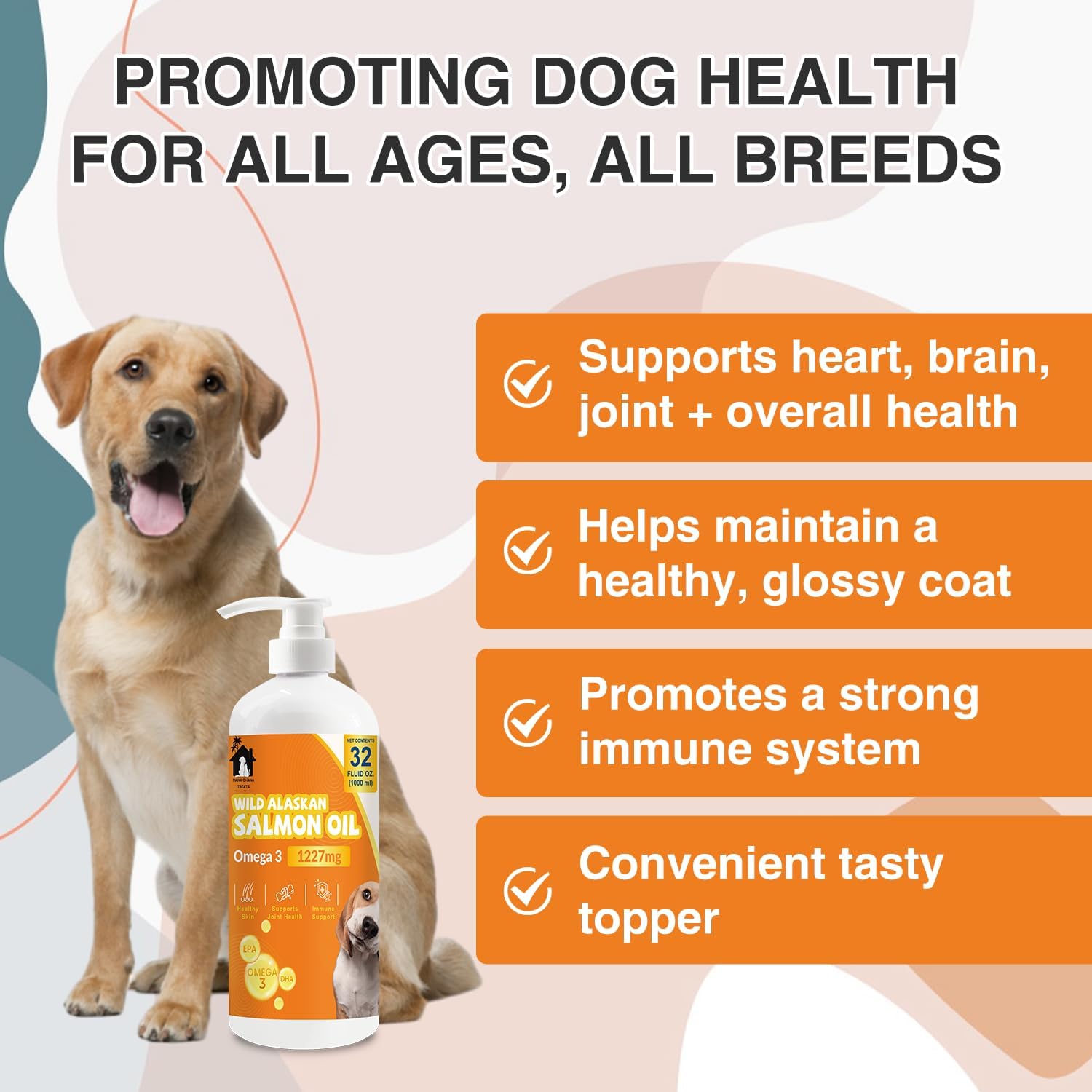 Salmon Oil for Dogs & Cats – Omega 3 Liquid Supplement with EPA & DHA – Skin, Coat, Joint, Heart & Immune Support – Natural Fish Oil for Pets - (Orange) (32 Oz)