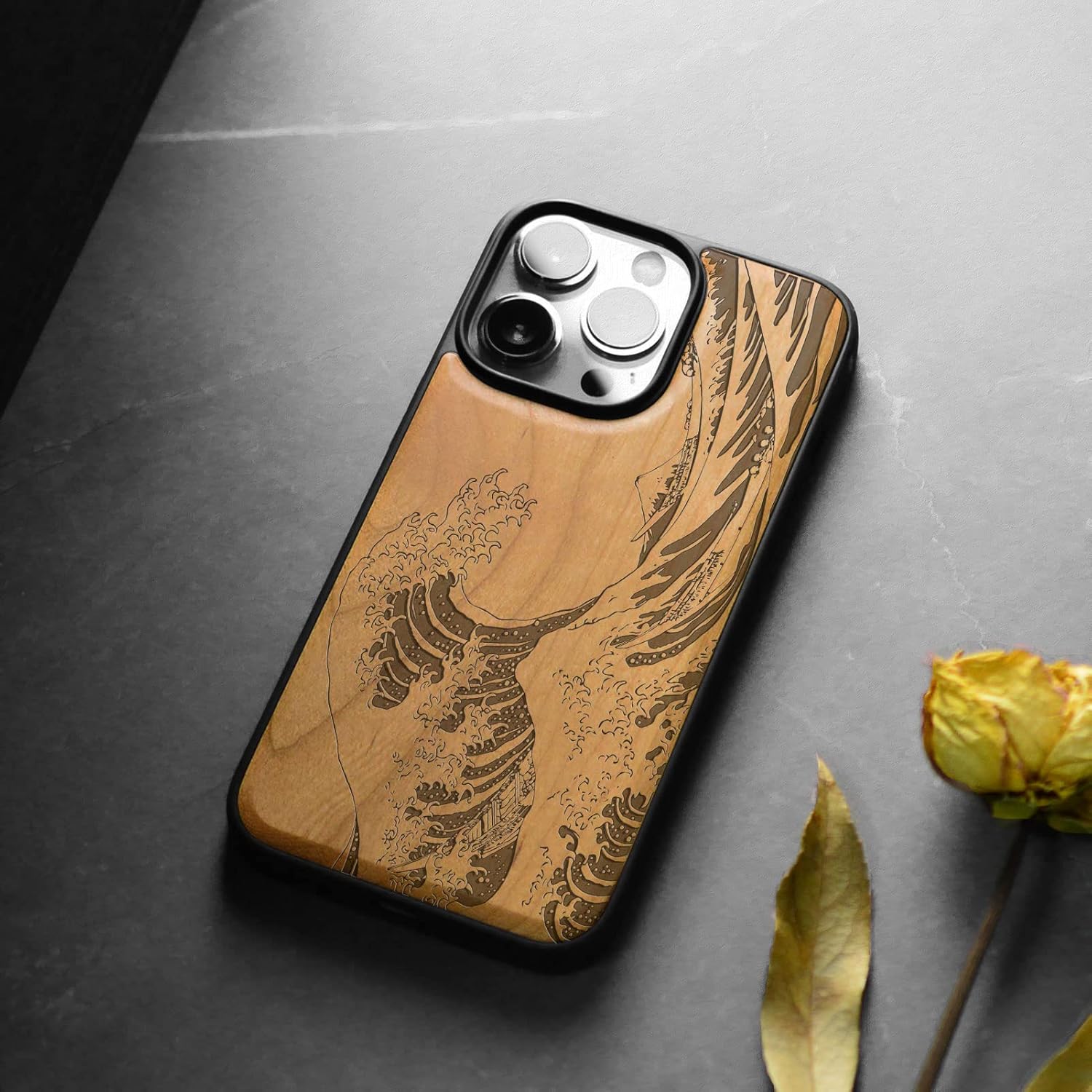 Carveit Magnetic Wood Case for iPhone 14 Pro Max [Natural Wood & Black Soft TPU] Shockproof Protective Cover Wooden Case Compatible with magsafe (The Great Wave Off Kanagawa -Cherry)