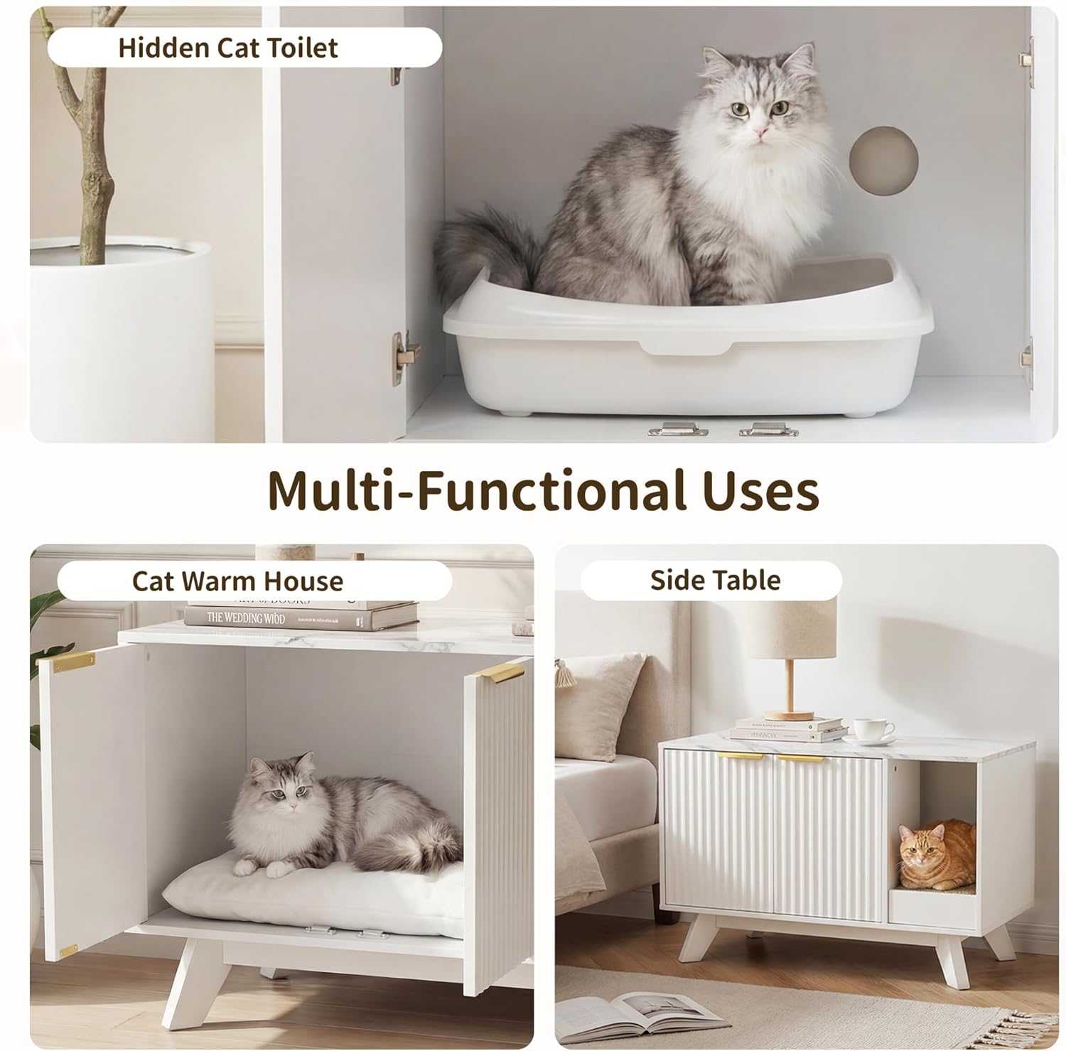 Seang Cat Litter Box Enclosure with Litter Collector,Fluted Hidden Litter Box Furniture with Scratch Pad,31" Wooden Cat Cabinet,Cat House,TV Stand,Side Table for Living Room,White