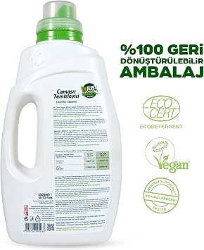 Just Green Organic Bitkisel Sıvı Çamaşır Deterjanı Beyazlar ve Renkliler İçin, Kokusuz & Hipoalerjenik, Ecocert Sertifikalı, 30 Yıkama 1500 ml