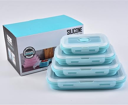 ONICOGEAR Set of 4 Foldable Silicone Food Storage Containers Microwave and Freezer Safe Collapsible Easy to Carry Indoor and Outdoor BLUE