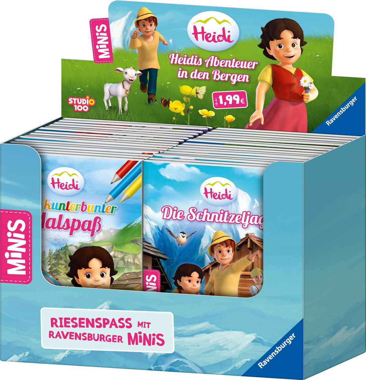 Verkaufs-Kassette "Ravensburger Minis 14 - Heidis Abenteuer in den Bergen": Mein Malbuch / Mein kunterbunter Malspaß / Die Schnitzeljagd / Glöckchen wird geboren