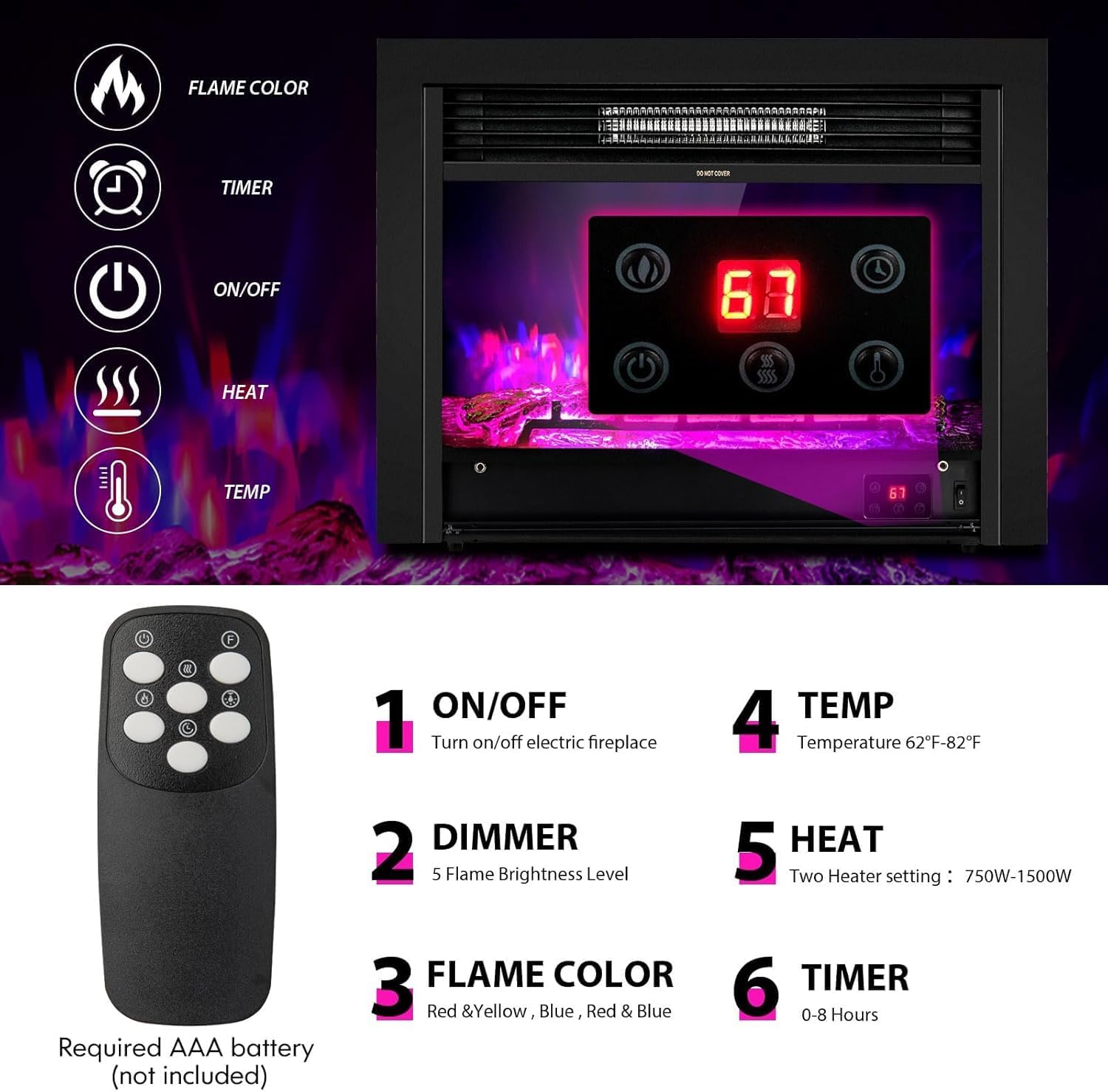 COSTWAY Electric Fireplace Inserts 28.5-inch Wide, 750W/1500W Wall Recessed and Freestanding Fireplace with 3 Flame Colors, 5 Brightness Settings, 8H Timer, Remote Control, Heater for Indoor Use