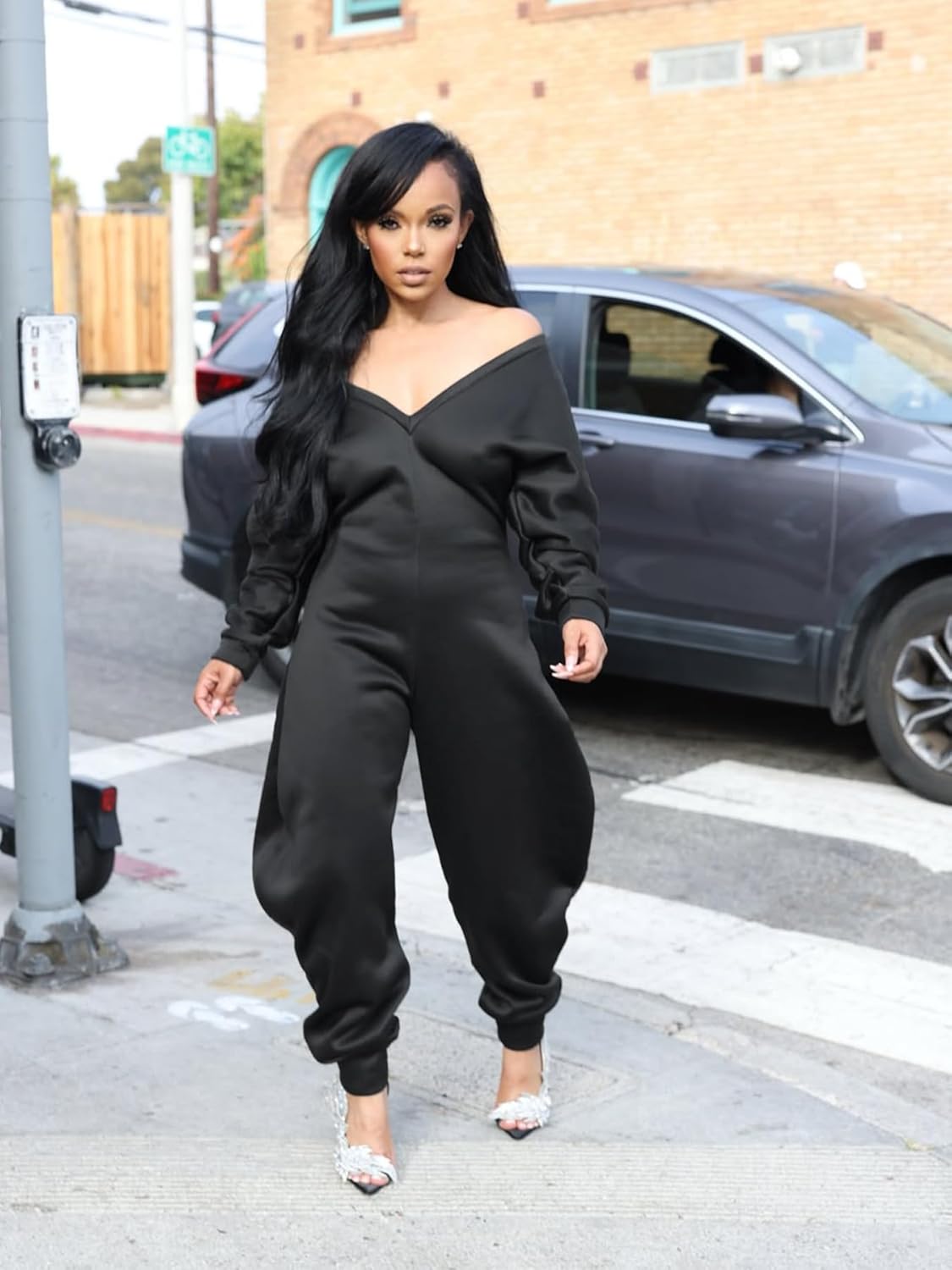 Womens Sexy Solid Color Jumpsuit Comfy V Neck Off Shoulder Long Sleeve Wide Leg Romper Baggy Club Sweatsuit Outfit - Image 3