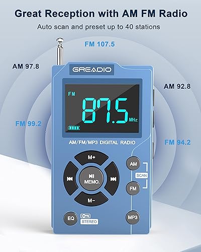Miniatura 2 de Greadio Radios AM FM portátil con reproductor de MP3, la mejor radio de bolsillo de recepción, pantalla LCD grande y fácil de usar, estéreo de 6