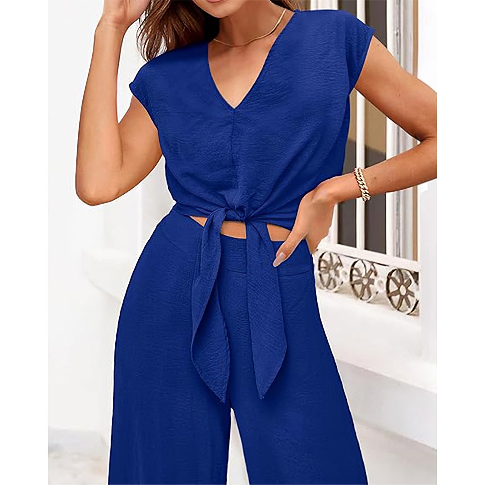 amropi Conjunto de Manga Corta Mujer V-Cuello Pajarita Verano Pantalones Anchos Casual Loungewear Azul, XL