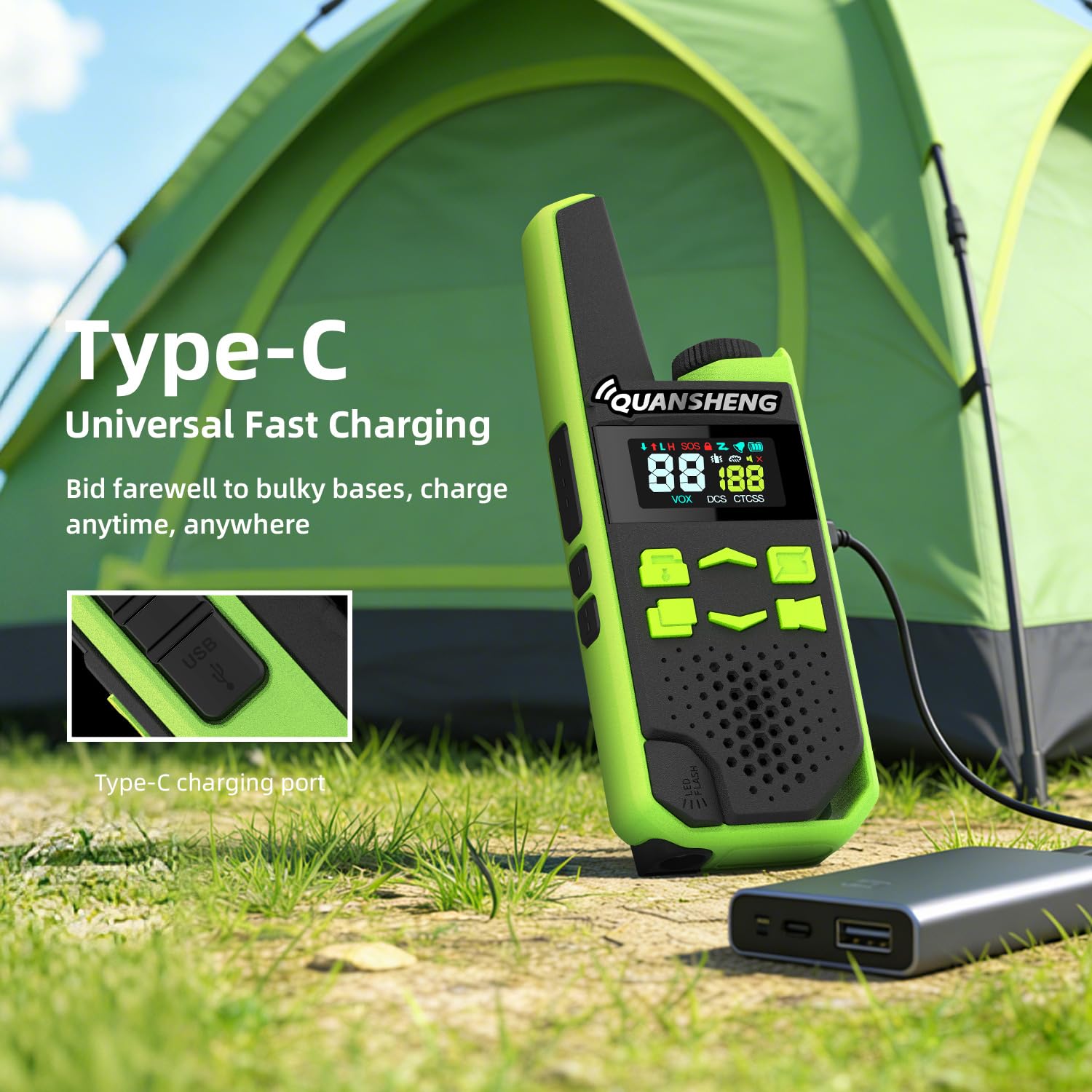 QUANSHENG TG-FR1 Walkie Talkie PMR446, Pack de 2 Radios sin Licencia, Recargables por USB-C, 16 Canales, VOX Manos Libres, hasta 10 km en Campo Abierto, para Senderismo, Camping y Trabajo
