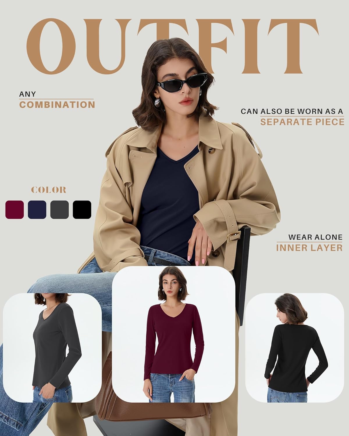 4 Pack Women's Long Sleeve Thermal Shirts Fleece Lined V Neck Slim Fit Underwear Base Layer Basic Winter Warm Tops - Image 6