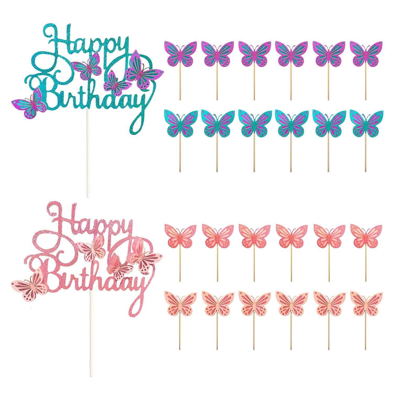 EOWVISN 26 Pieces Butterfly Cake Inserts, Birthday Cake Decoration Butterflies, Birthday Party Decoration Inserts, Dessert Baking Inserts, Suitable For Birthdays, Weddings, Theme Parties