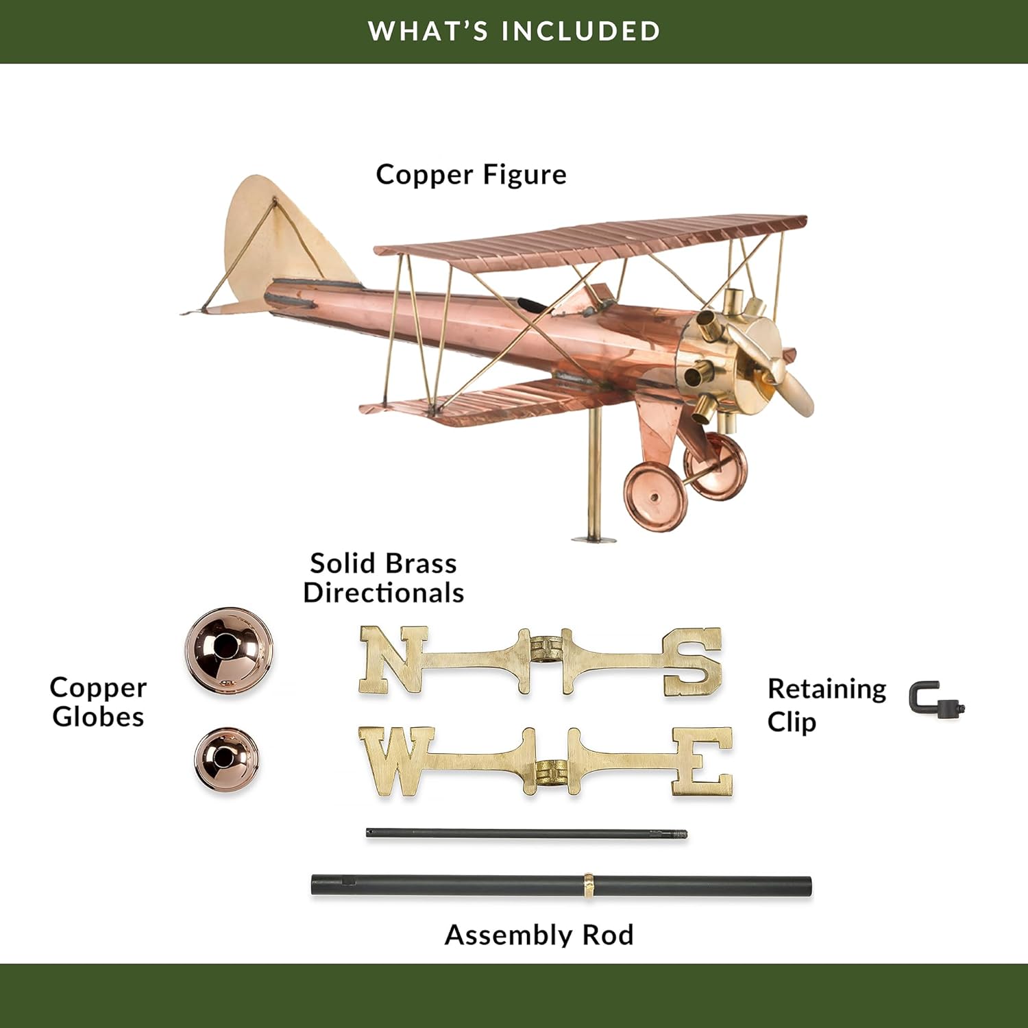 Good Directions Biplane Weathervane, Pure Copper, Airplane Weathervanes, Aviation Décor