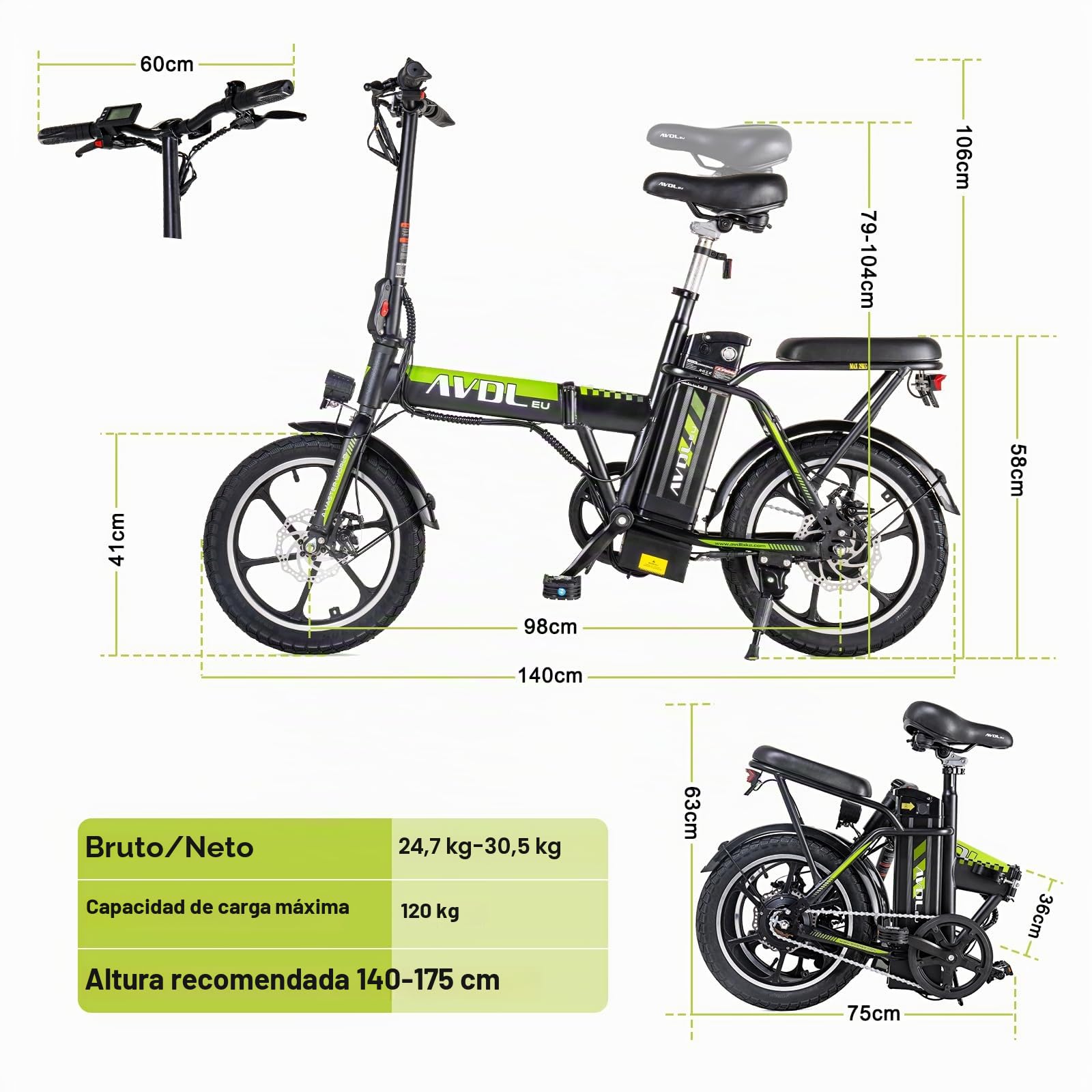 Bicicleta eléctrica plegable de 16 pulgadas para adultos, bicicleta eléctrica para hombre, mujer, bicicleta eléctrica urbana, batería 36 V 12,8 Ah, asistencia eléctrica hasta 25 km/h, frenos
