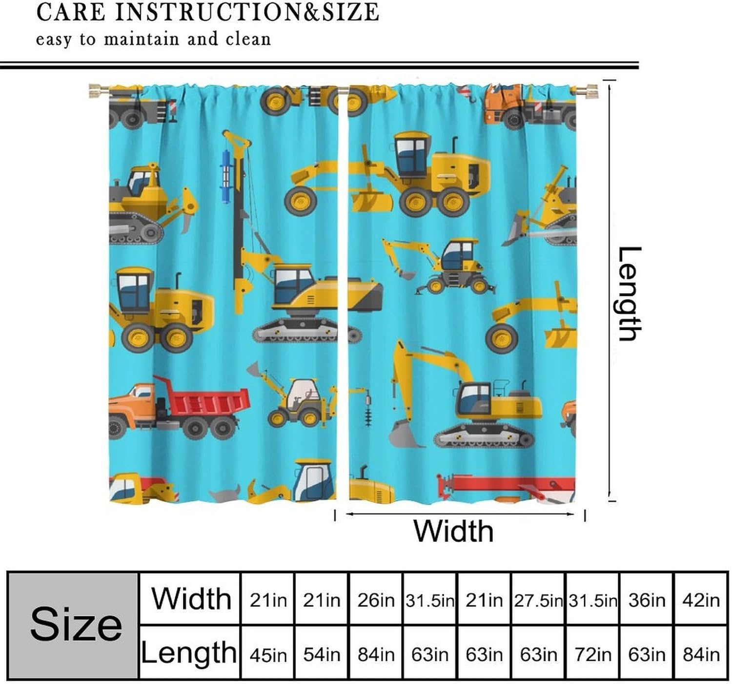 Kids Construction Truck Curtain, Excavator Vehicle Tractor Cars Rod Pocket Blackout Window Treatment Curtain for Kids Boys Bedroom Nursery 42" W X 45" L