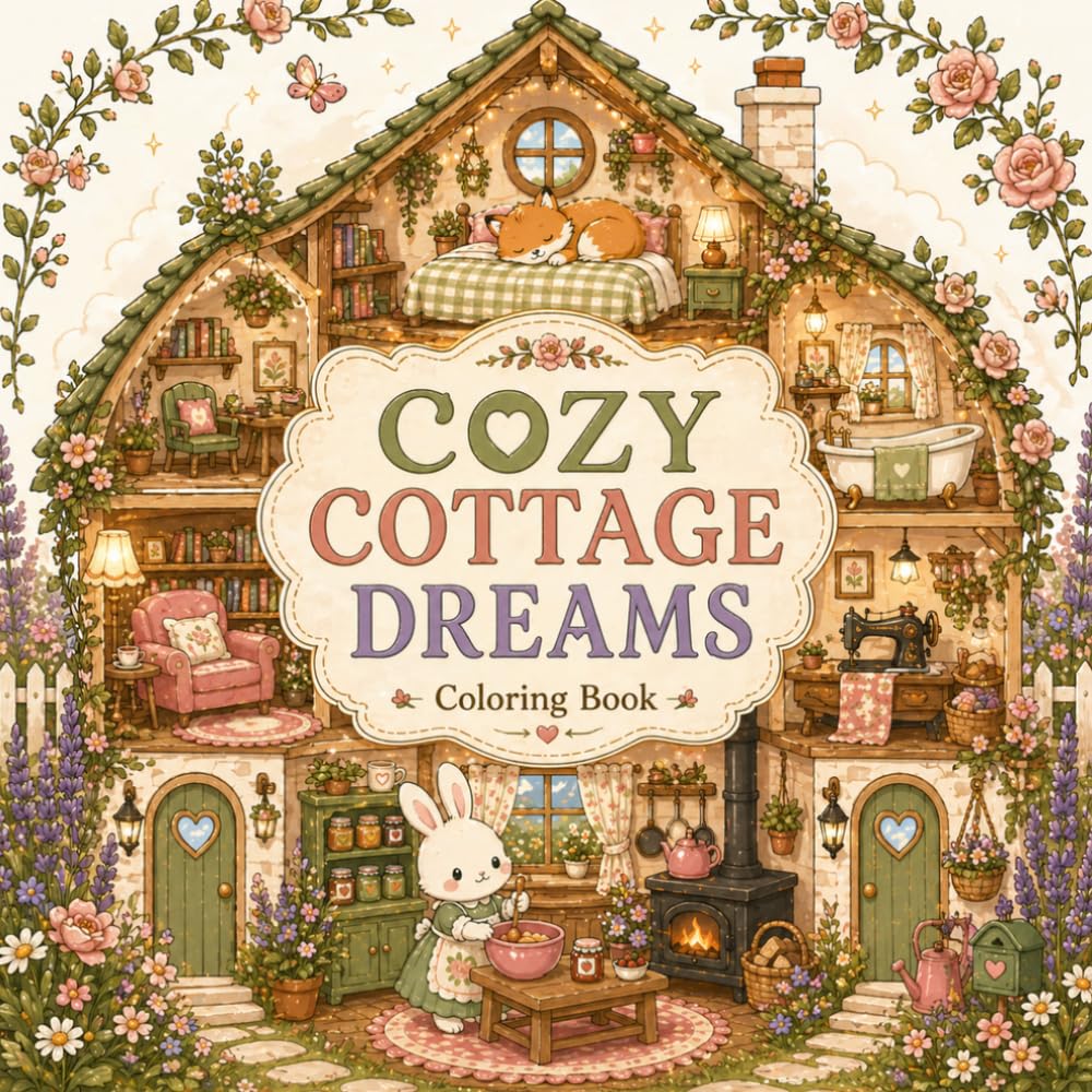 Cozy Cottage Dreams Coloring Book: 50 Whimsical Dollhouse Rooms and Cozy Fantasy Scenes for Adults and Teens