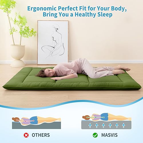 Miniatura 6 de MASVIS Colchón de futón japonés  Almohadilla gruesa para dormir, plegable y portátil enrollable para campamento, verde militar, tamaño matrimonial