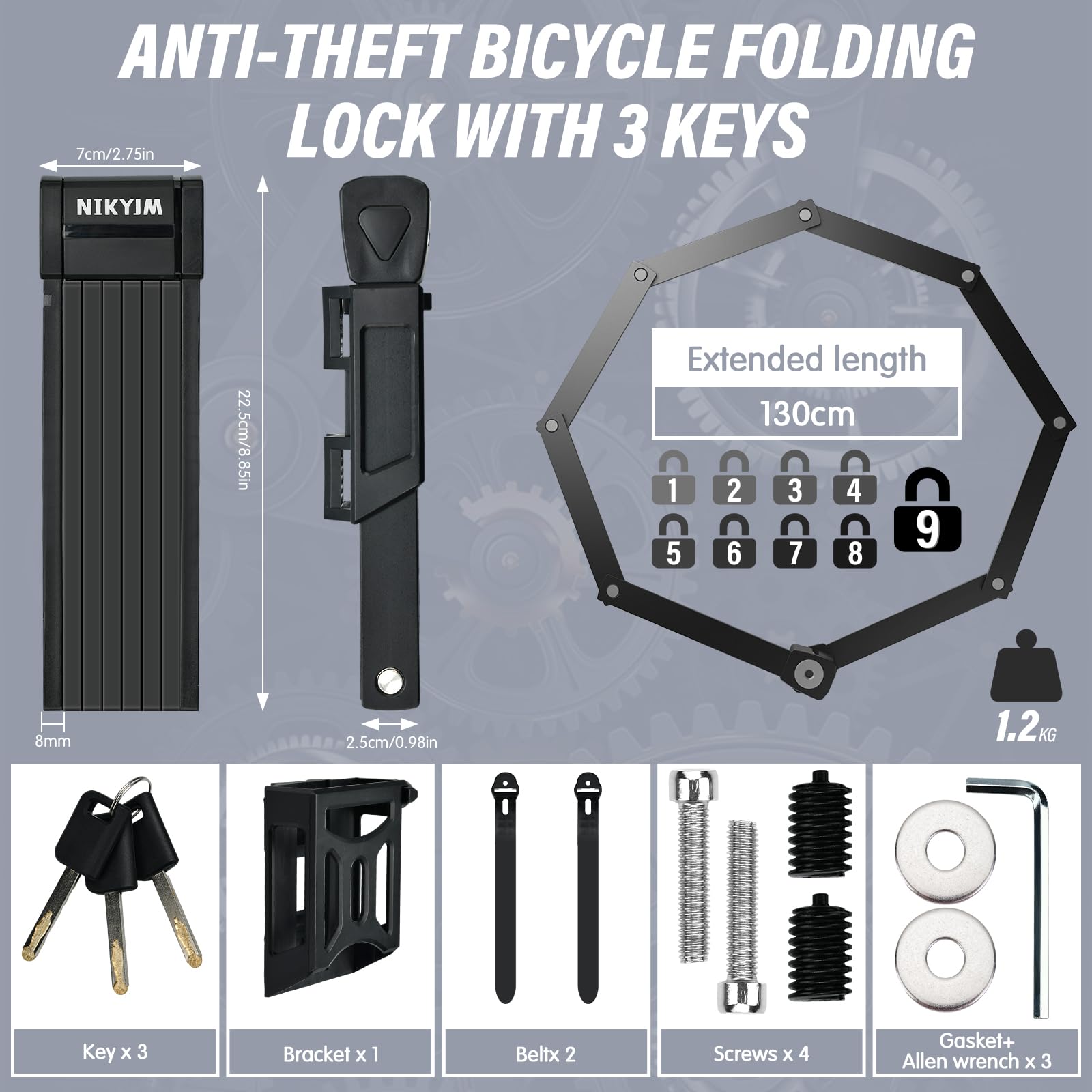Antivol velo, Serrure de vélo Pliante Portable de 130 cm,Cadenas vélo Antivol,Accessoire pour Vélo avec Support, pour antivol velo, antivol velo electrique, moto
