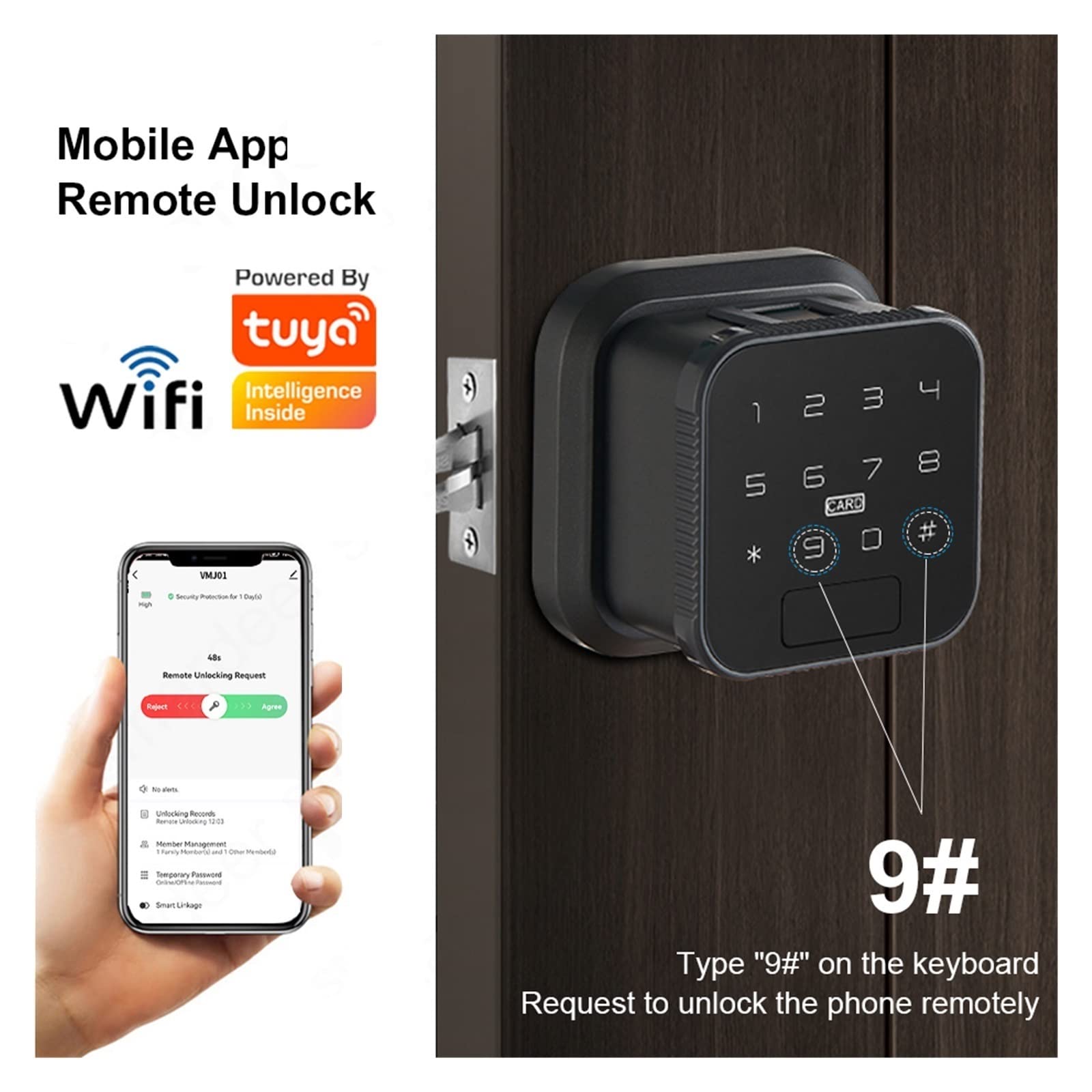 Smart Lock for Wi-Fi Serratura con impronta digitale Porta in legno Serratura elettronica Ingresso senza chiave Impronta digitale/Password/Carta/Chiave/App(Sliver(Single Latch))