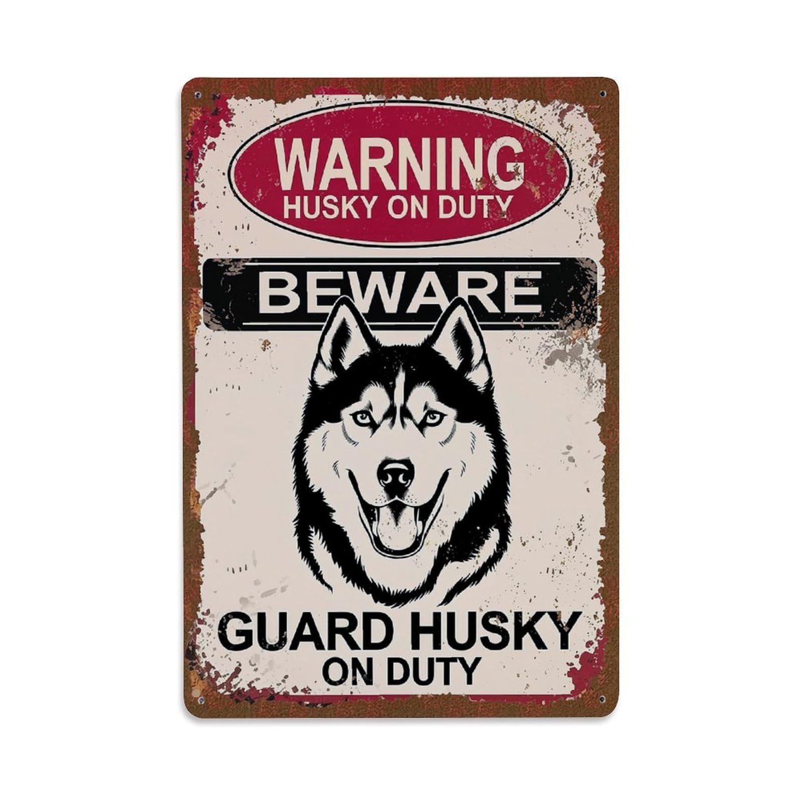 Jdfenggu Vintage Warning Husky On Duty Beware Guard Husky On Duty Retro Metal Tin Sign, Decor Art Poster For Bar, Home, Man Cave, Kitchen, Laundry Room Gift 8X12inch
