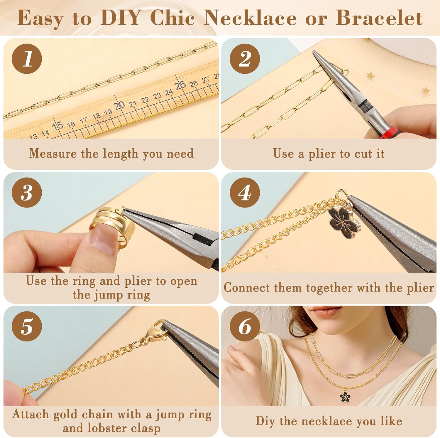 18K Gold Chain for Jewelry Making - 19.69 ft 6 Rolls Gold Plated Jewelry Chains, 304 Stainless Steel Necklace Chains with Charm Pendants Jump Rings Lobster Clasps Pliers for DIY Necklace Bracelet